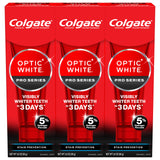 Colgate Optic White Pro Series: tres tubos visibles en empaque, blanqueamiento diario suave.