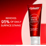 Colgate Optic White Stain Fighter en empaque de cuatro tubos facilita el cuidado diario.