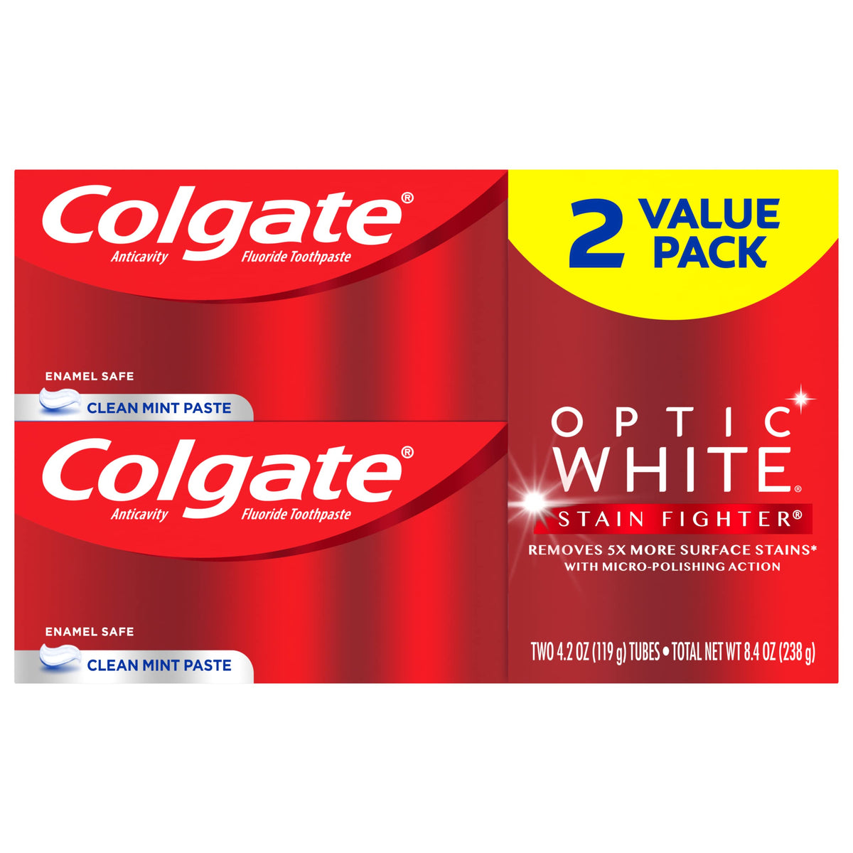 Colgate Optic White Stain Fighter, pasta de dientes, blanqueamiento diario seguro para manchas visibles