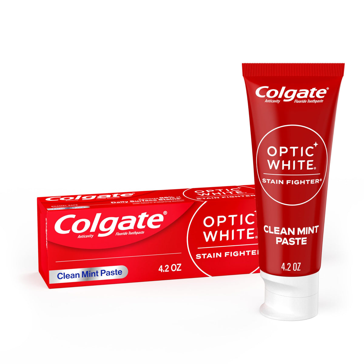 Colgate Optic White Stain Fighter, tubo de 4,2 onzas, ayuda a limpieza diaria y blanqueamiento suave.