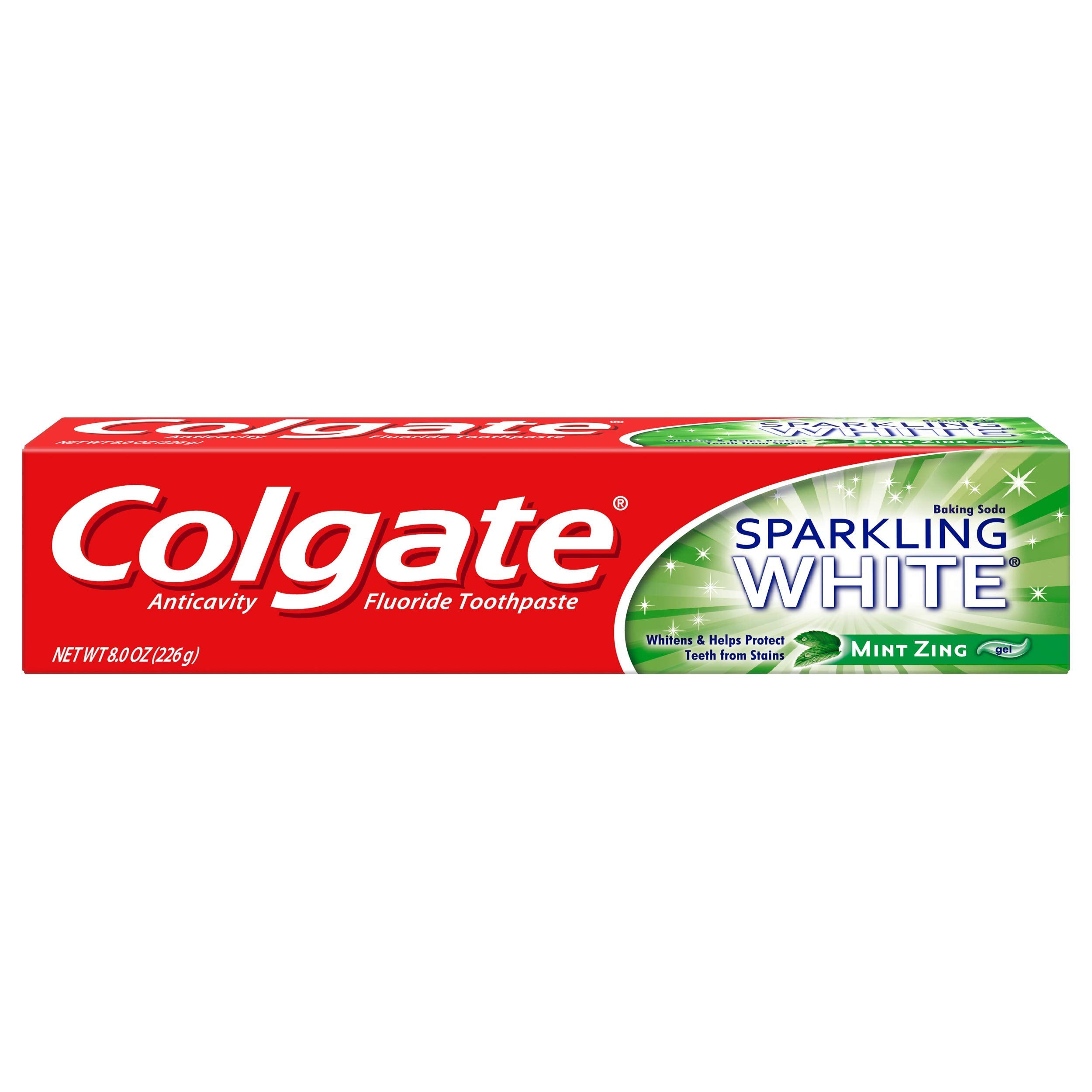 Pasta dental Colgate Sparkling White en tubo, dientes más blancos y aliento fresco.