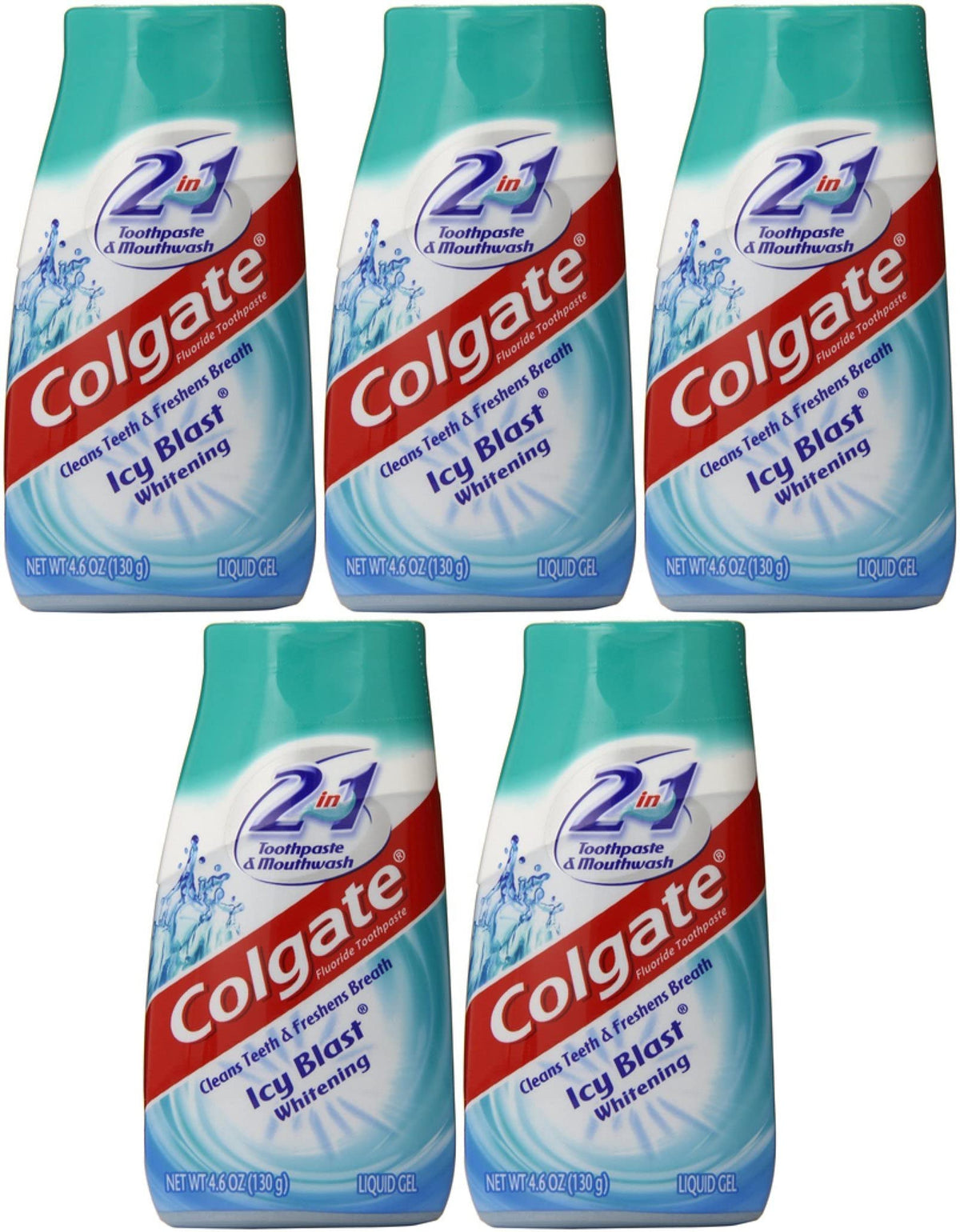 Colgate 2 en 1 Blanqueadora Icy Blast, empaque de cinco para uso diario.