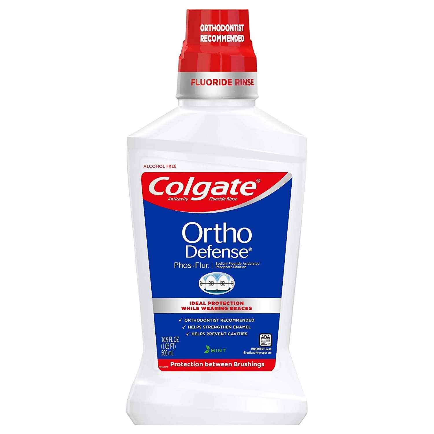 Colgate Phos-Flur enjuague anticaries mentolado para uso diario y protección del esmalte.