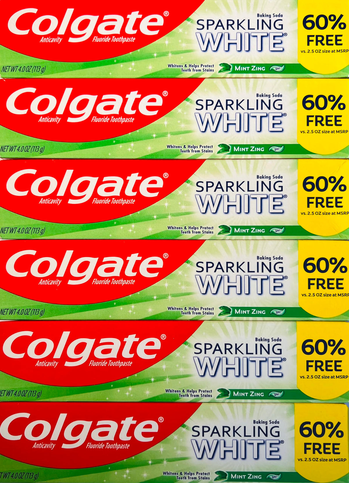 Colgate Sparkling White envase, menta fresca para una limpieza diaria