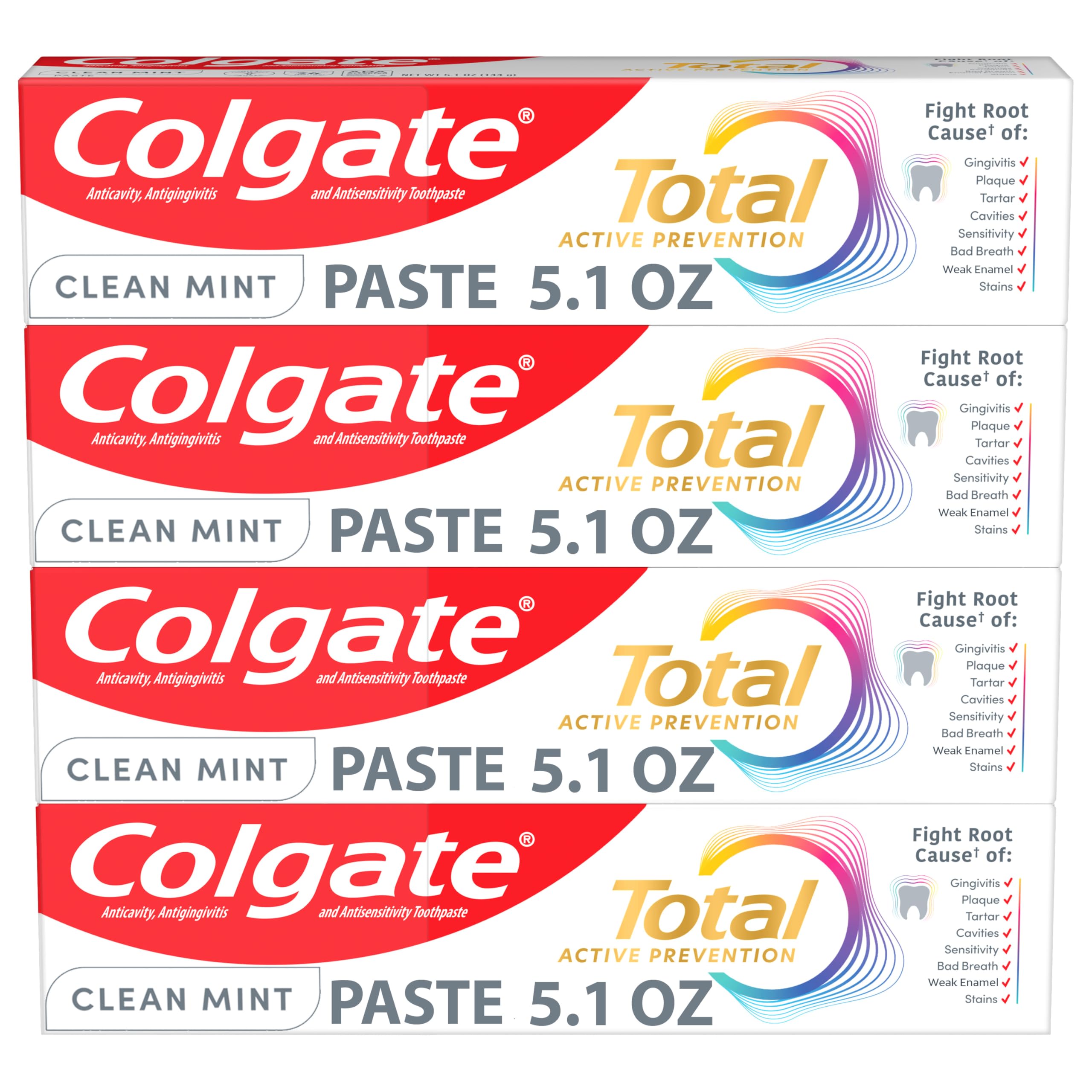 Colgate Total Prevención Activa Clean Mint, tubo de pasta, combate bacterias y refresca el aliento.