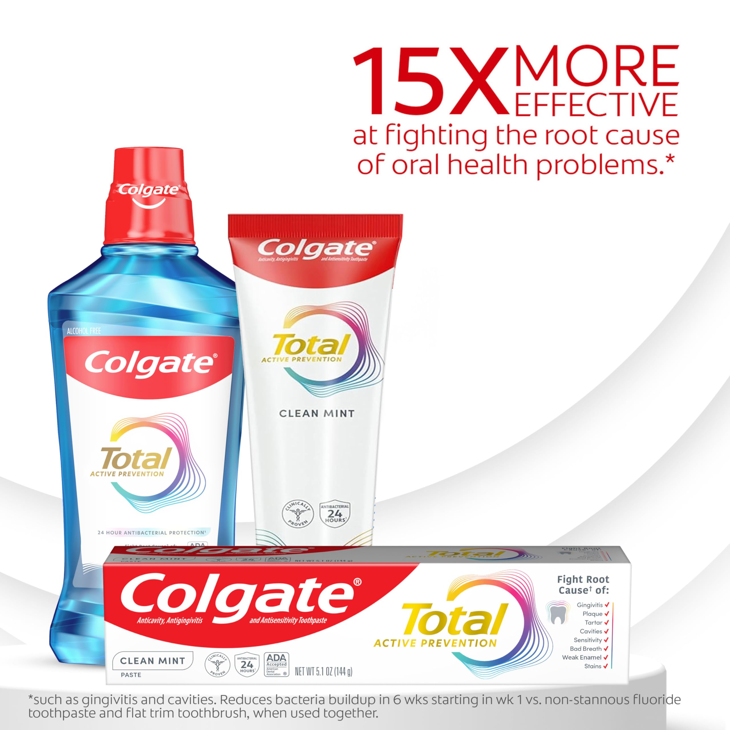 Colgate Total Prevención Activa Clean Mint, tubo de pasta, fórmula con fluoruro que protege dientes.