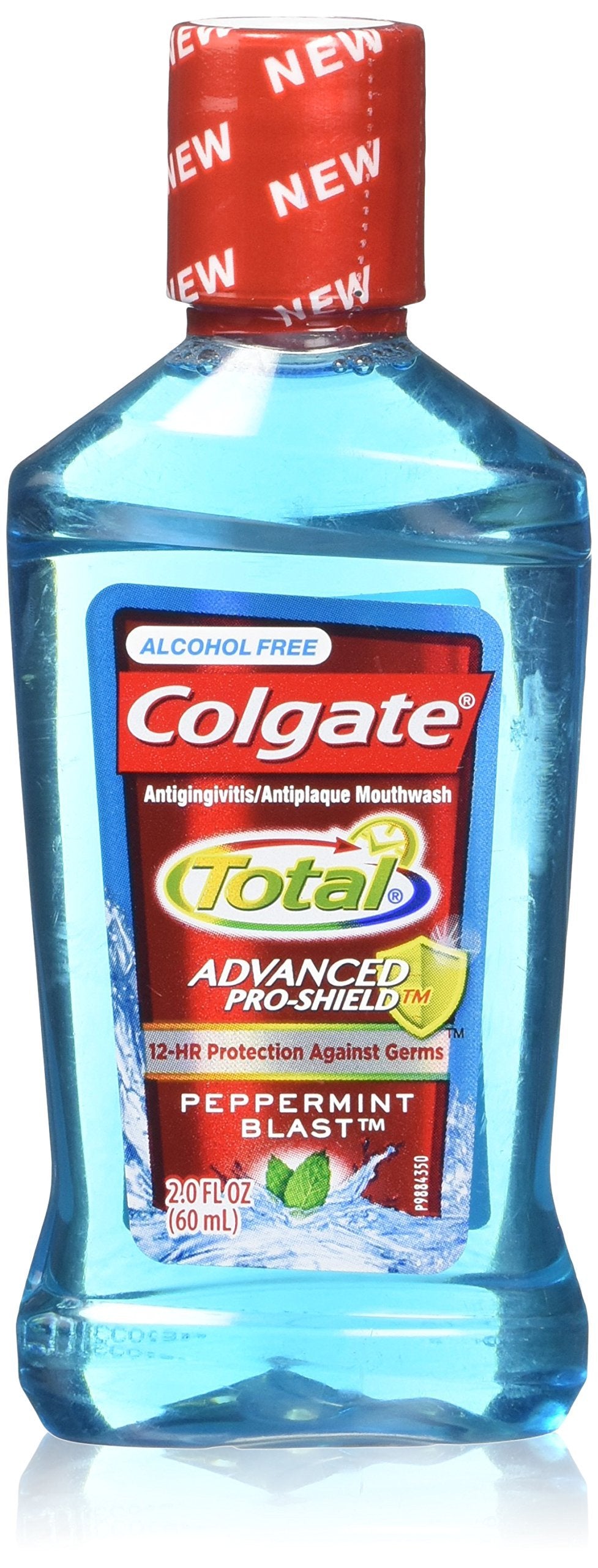 Colgate Total Advanced Pro-Sheild Peppermint Blast, botella 2 oz para aliento fresco durante el día.