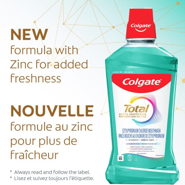 Colgate Total Advanced Pro-Shield enjuague bucal, anti placa, frasco compacto.