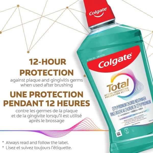 Colgate Total Advanced Pro-Shield enjuague bucal, sabor fresco, ideal después de comer.