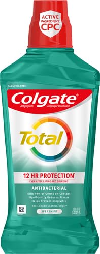 Colgate Total Advanced Pro-Shield enjuague bucal sabor menta, botella, elimina gérmenes al contacto.