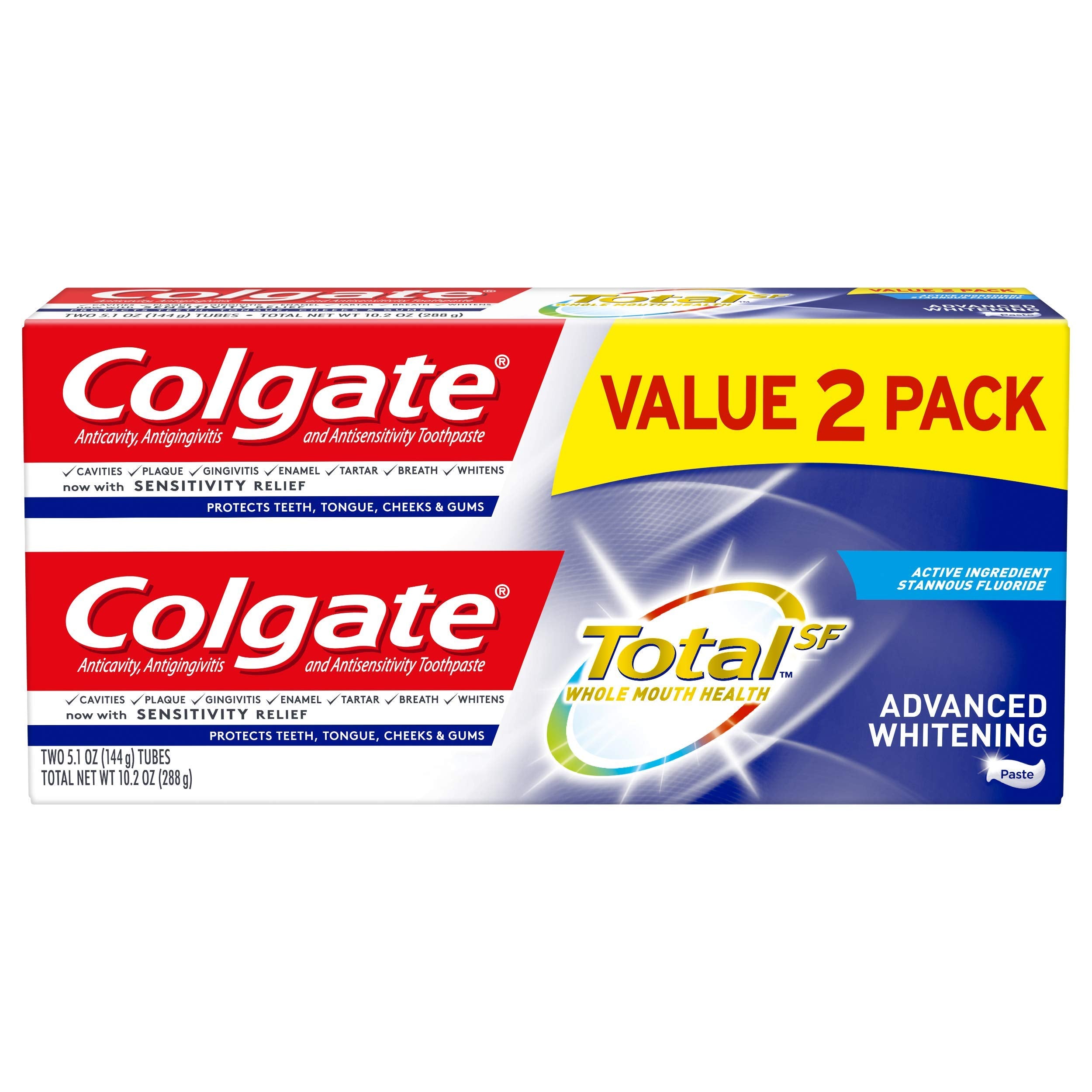 Colgate Total Advanced Whitening en paquete frontal, lista para familia, enfoque en tamaño doble