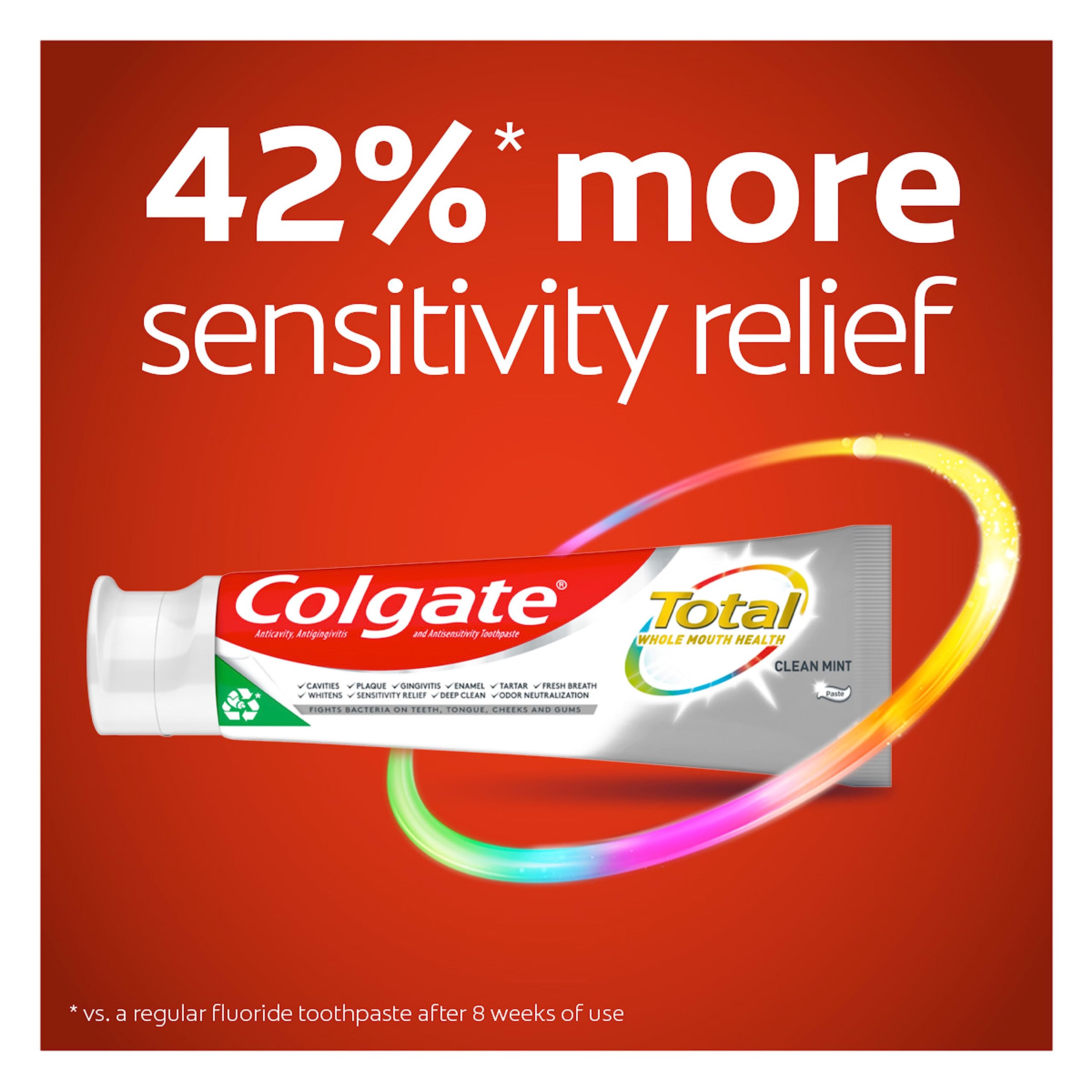Colgate Total alivio de sensibilidad, sensación más cómoda al cepillarse.