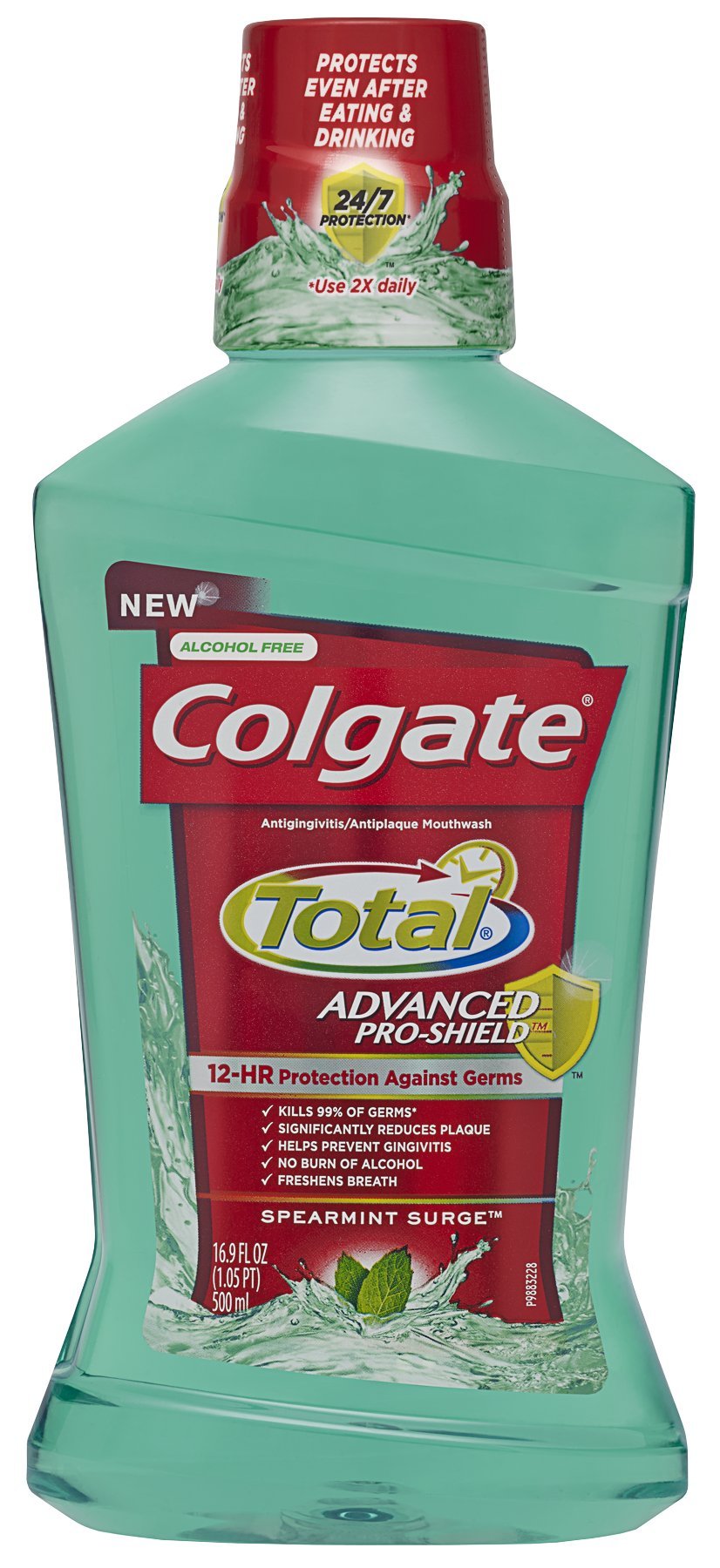 Colgate Total Pro-Shield Enjuague Bucal Menta, uso diario para aliento fresco.