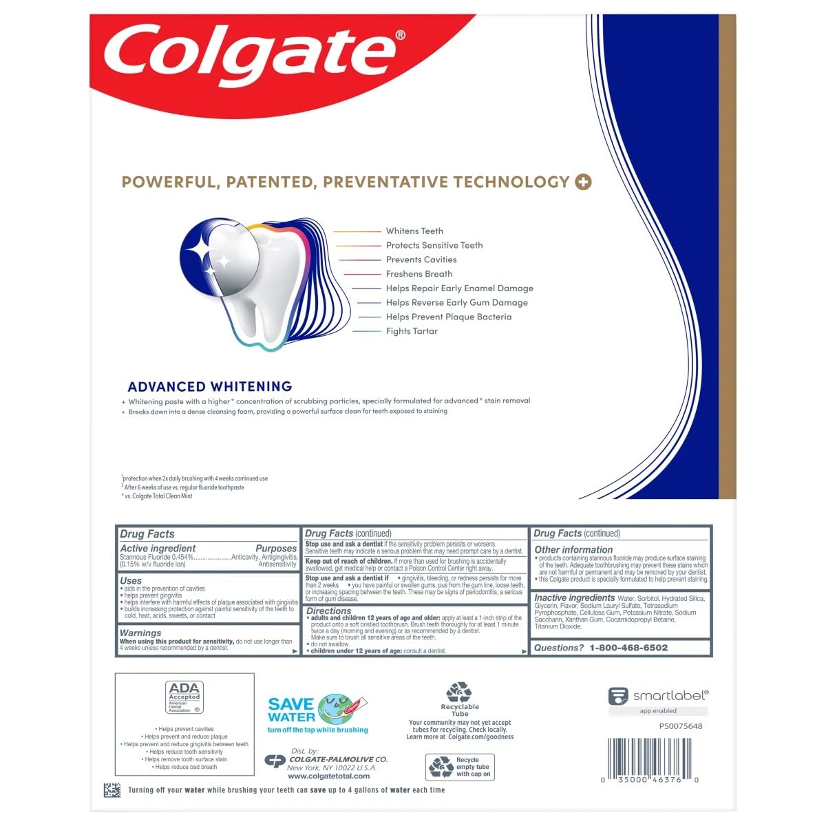 Colgate Total Blanqueamiento Avanzado, tubo crema dental para uso diario
