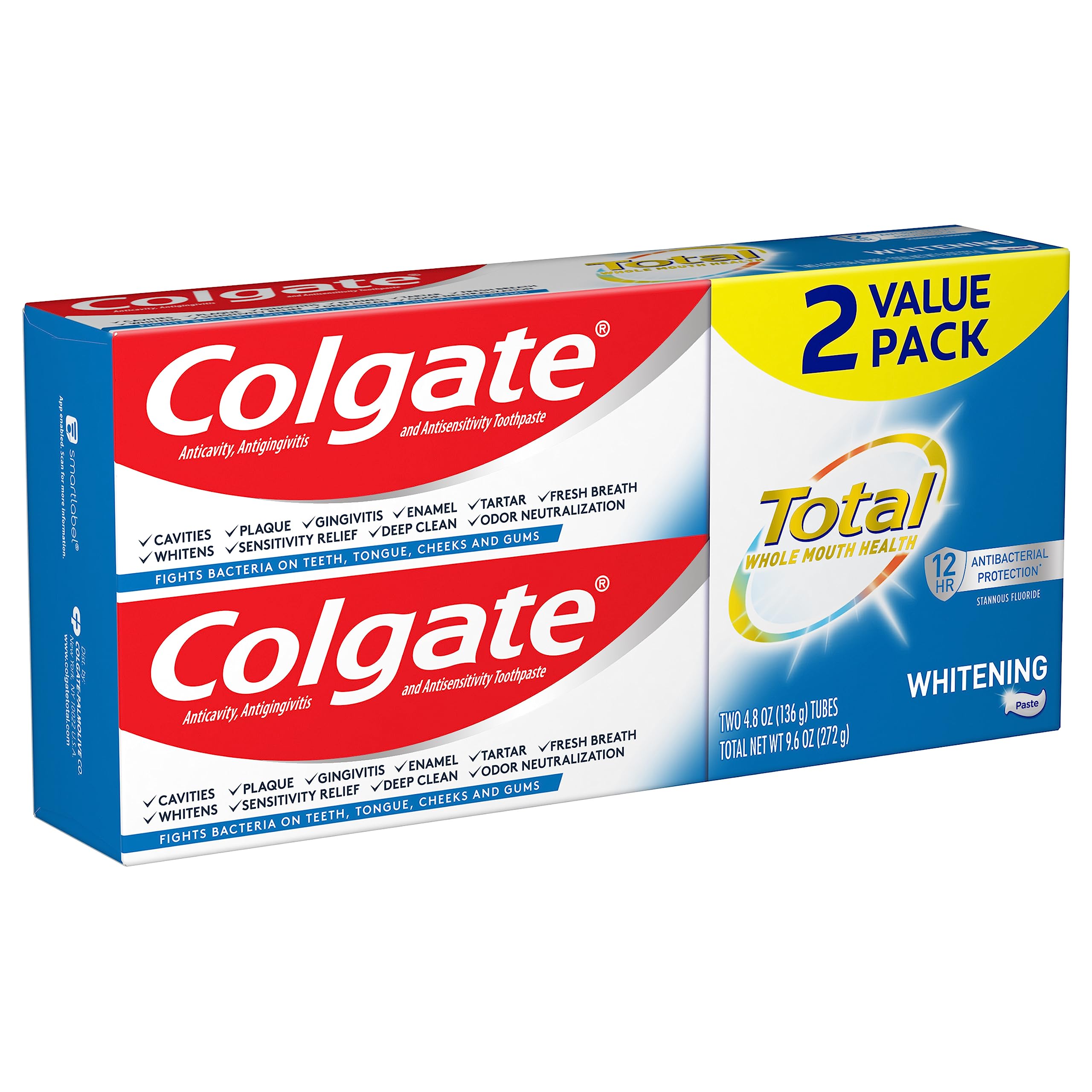 Colgate Total Whitening, imagen de dos tubos, solución conveniente para compartir en casa.
