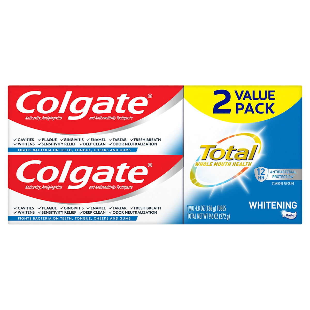 Colgate Total Whitening, tubo frontal, ayuda a limpieza diaria y aliento fresco.