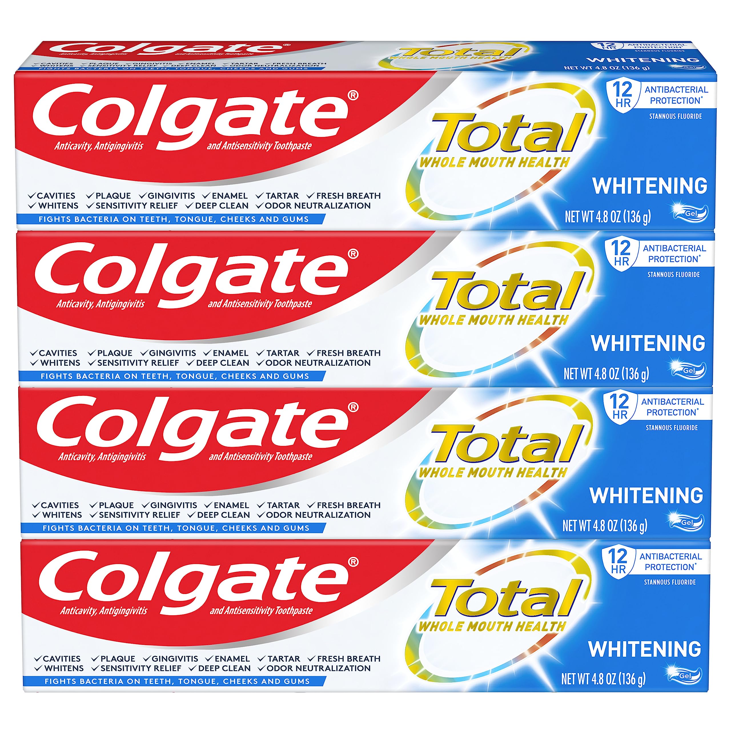 Colgate Total Blanqueante Gel con cuatro tubos para uso diario.