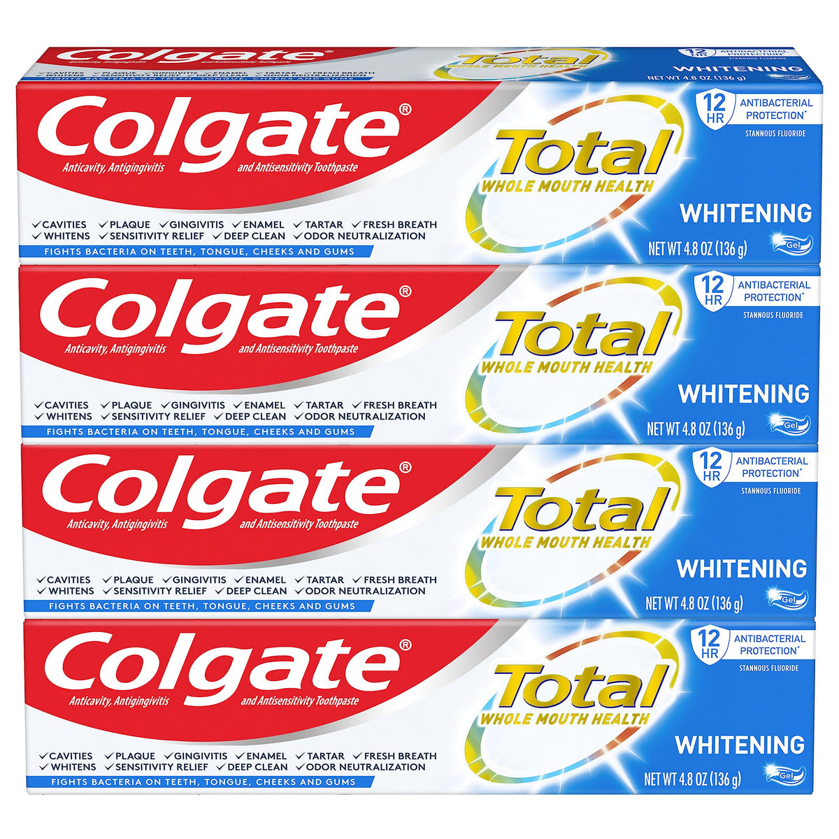 Colgate Total Blanqueante Gel con cuatro tubos para uso diario.