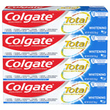 Colgate Total Blanqueante Gel con cuatro tubos para uso diario.