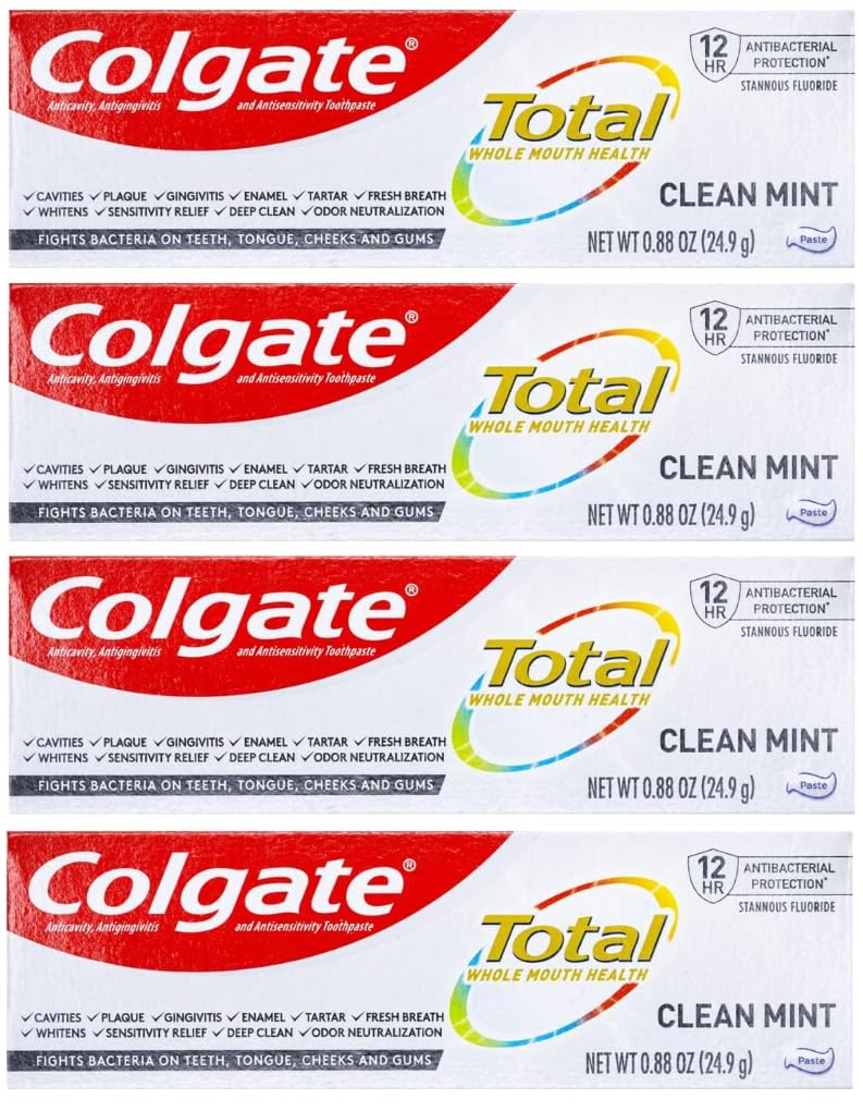 Colgate Total Clean Mint 4-pack frente: cuidado diario y aliento fresco.