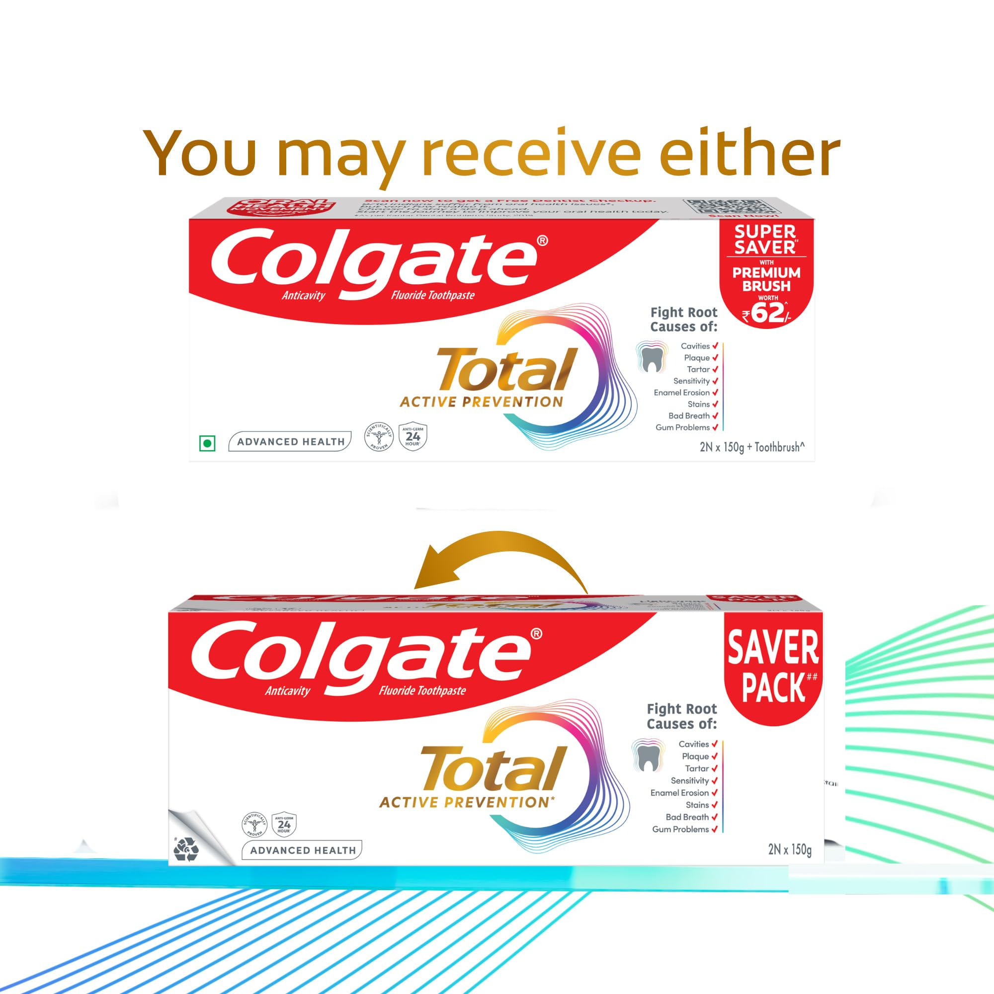 Colgate Total dos tubos 150g, conveniencia en un combo.