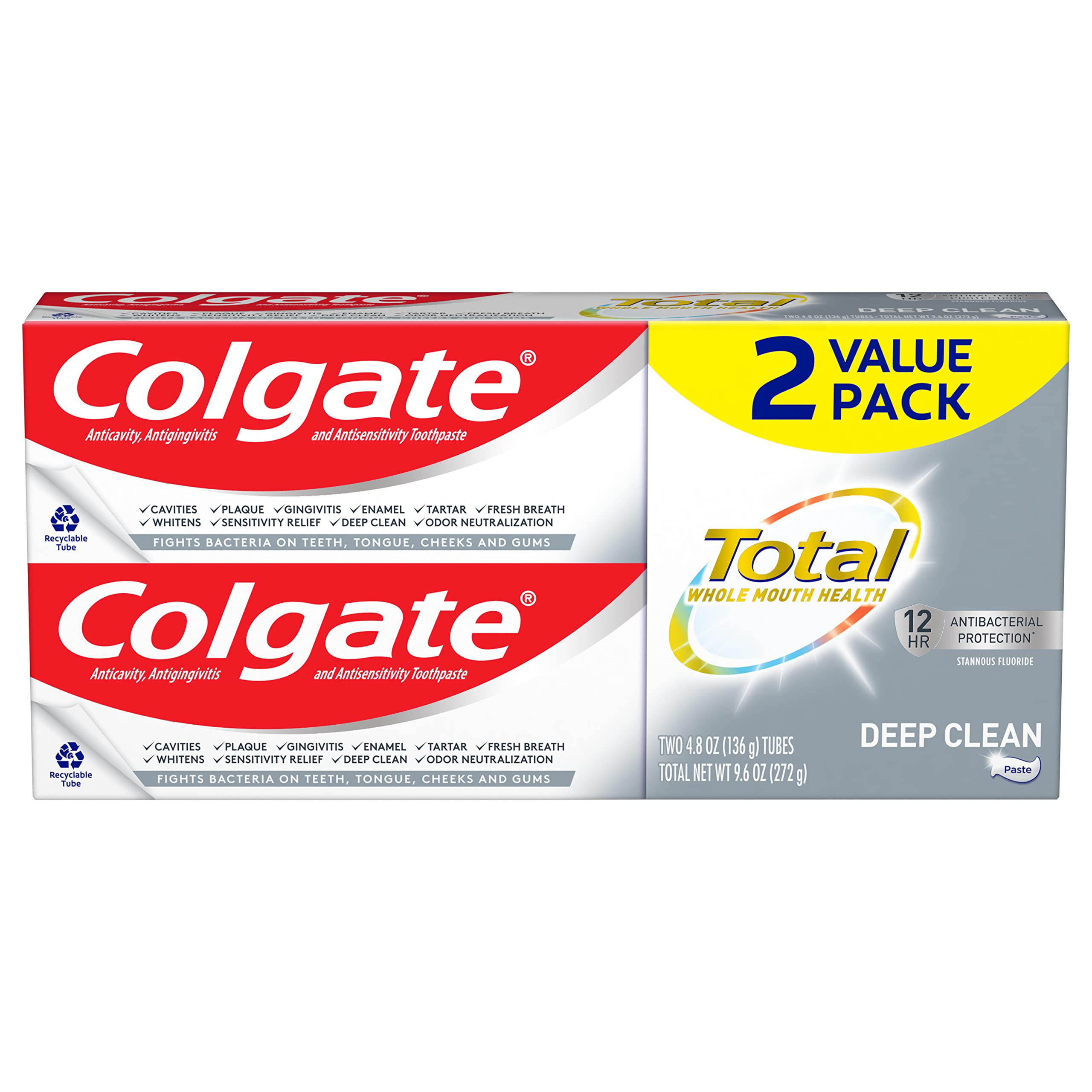 Colgate Total pasta dental tubo, limpieza profunda para dientes y encías.
