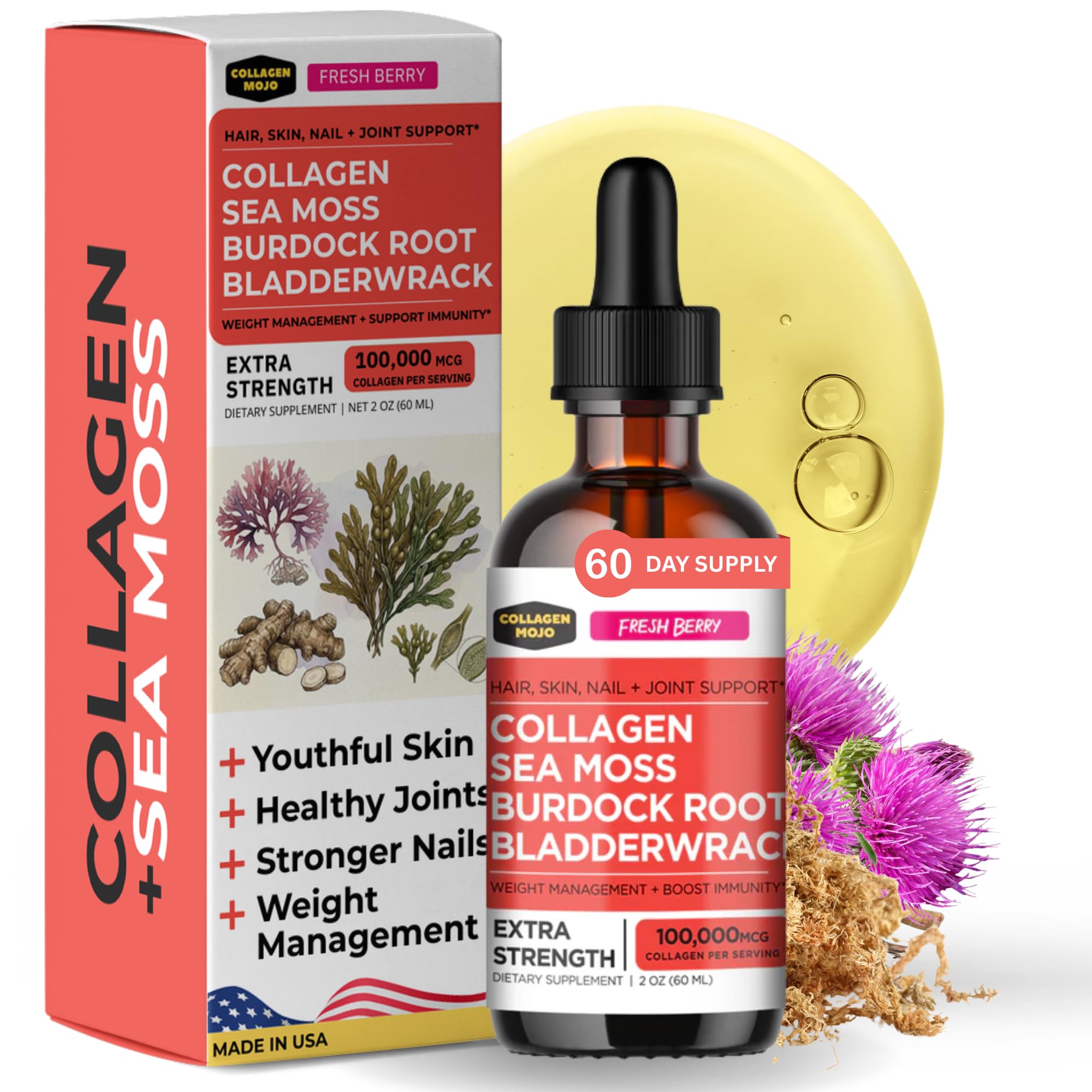 Collagen Mojo, botella con gotero, favorece absorción rápida de colágeno.
