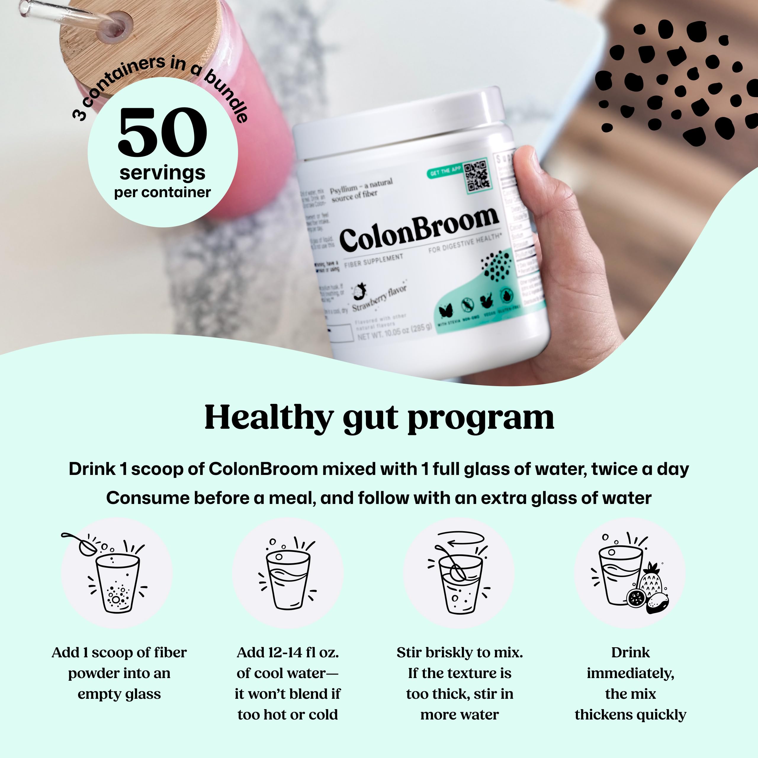 ColonBroom opción vegana, libre de gluten y sin modificaciones genéticas.
