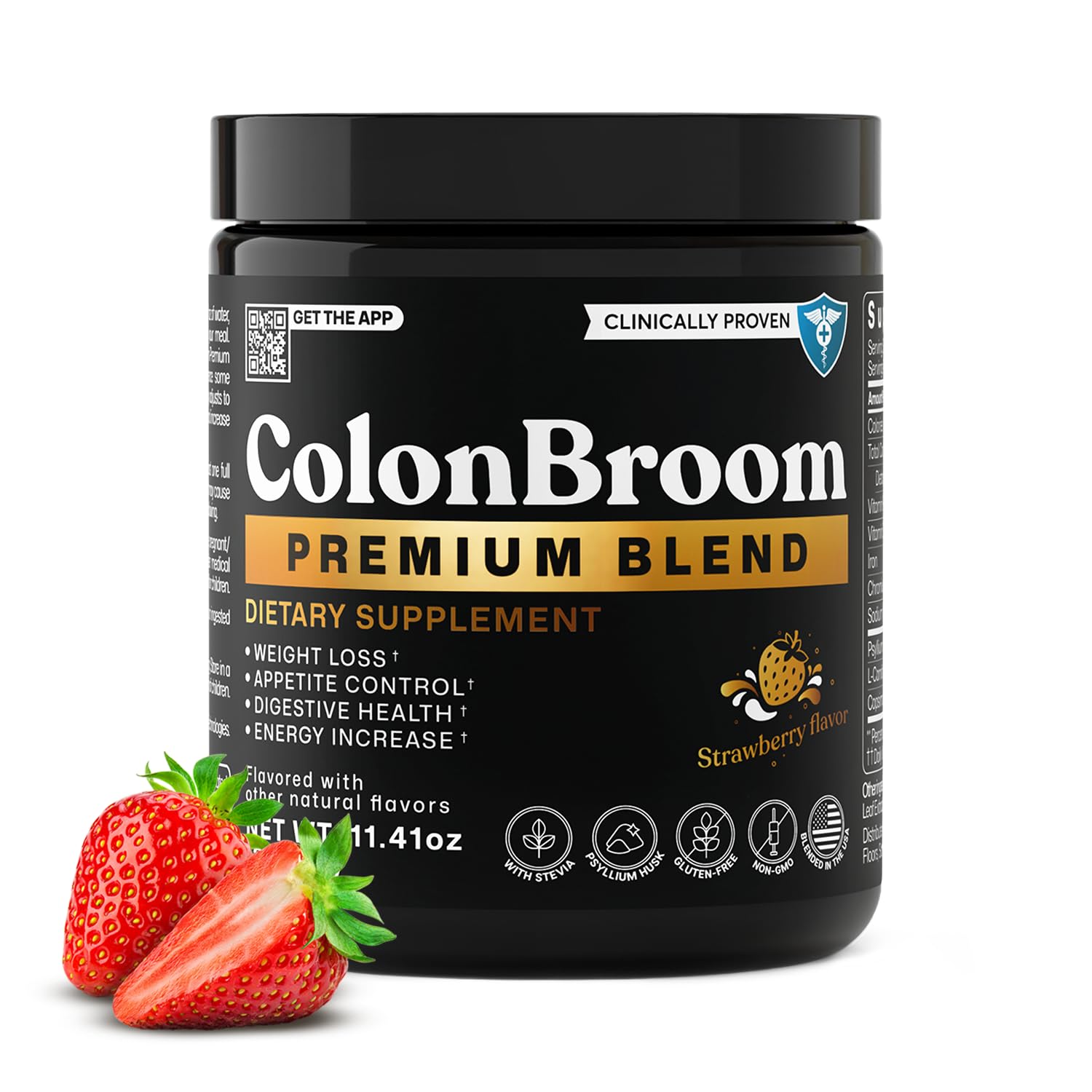 ColonBroom polvo premium fresa en vaso, apoya la digestión y la saciedad.