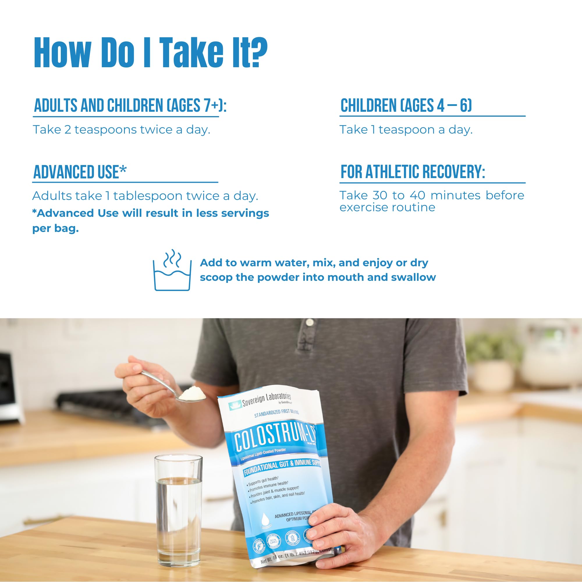 Colostrum-LD polvo mano sosteniendo frasco en cocina