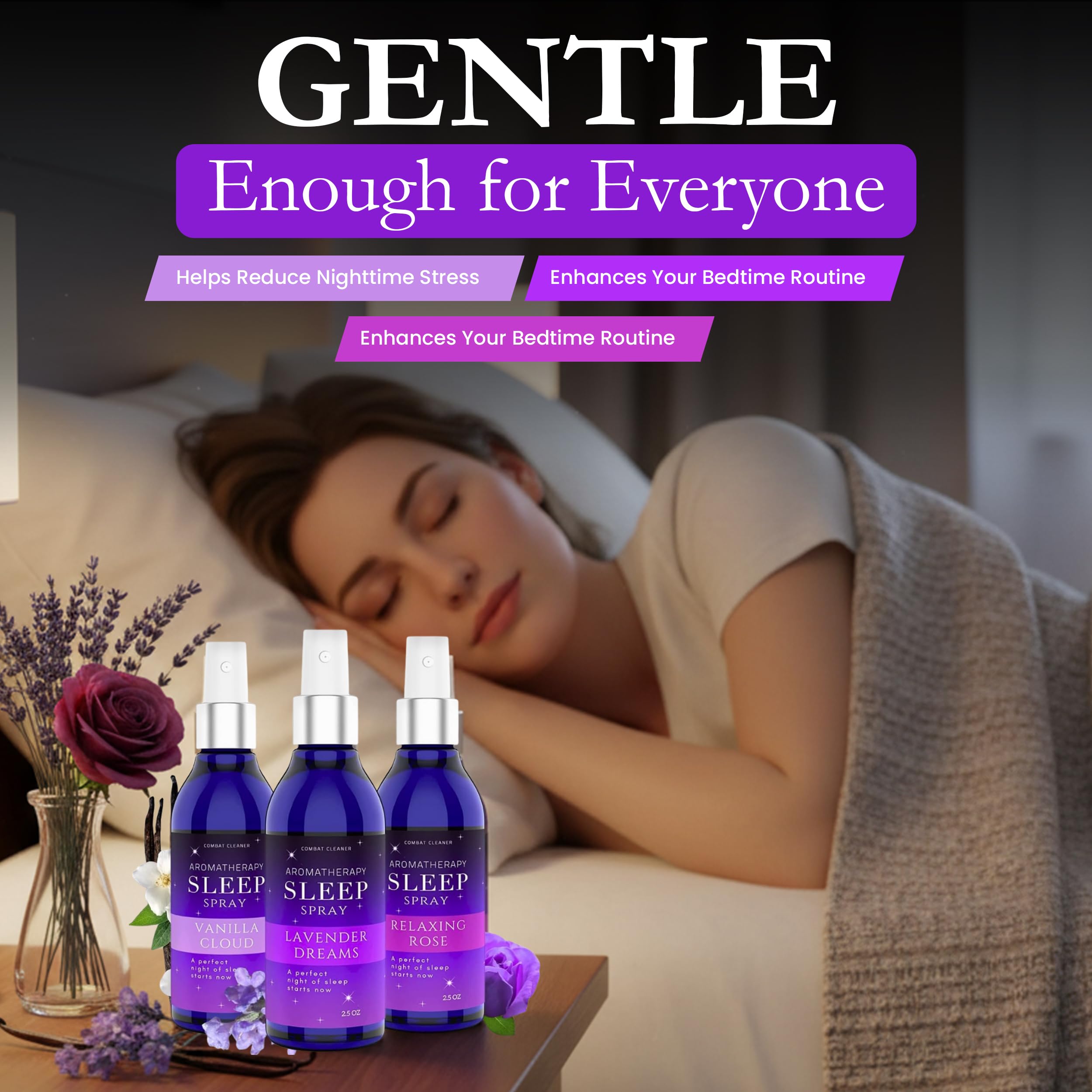Combat Cleaner: spray relajante para ritual de sueño en cama.