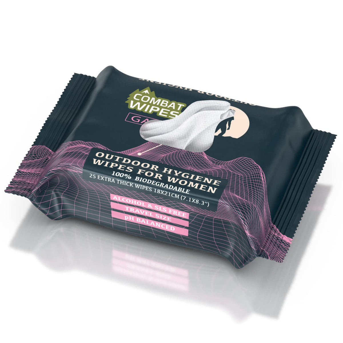 Combat Wipes Gaia: empaque de 25 toallitas, lista para llevar.