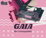 Gaia: tamaño de bolsillo y toallita individual para uso rápido.