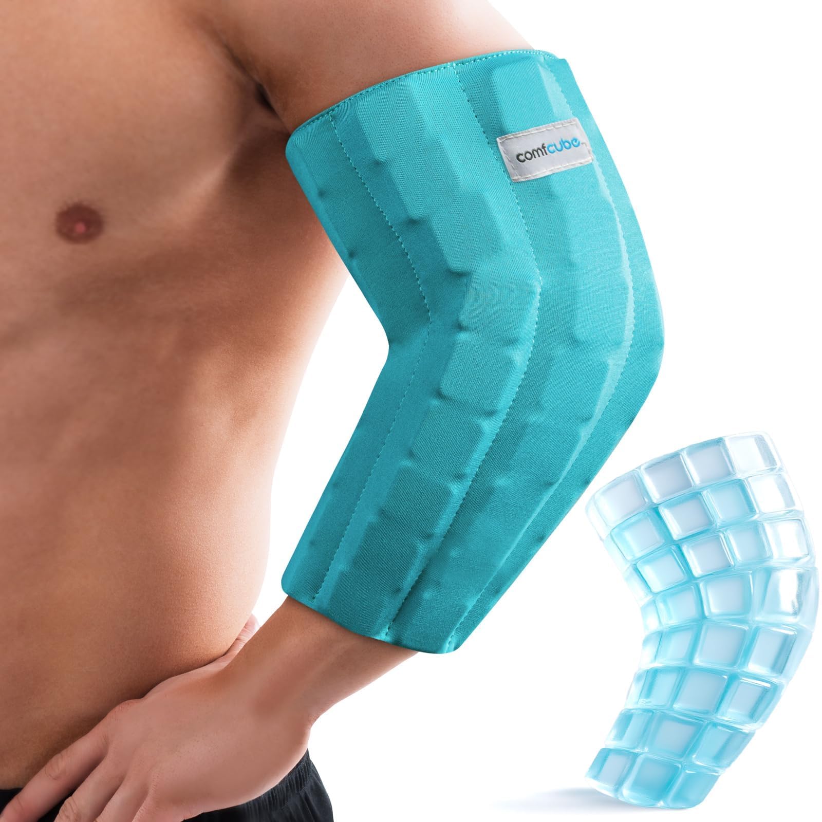 Comfcube codo-hielo: envoltura frontal para enfriamiento cómodo y estable.