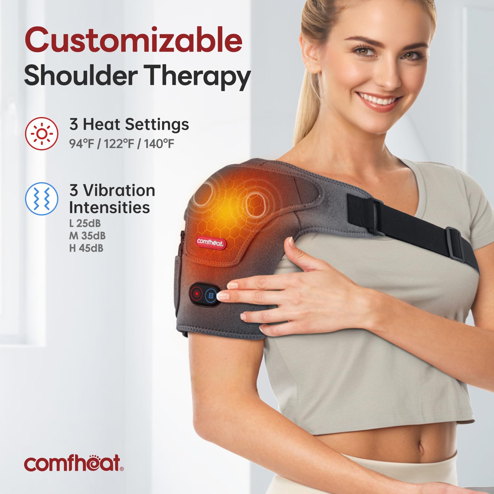 Comfheat ajuste cinta velcro facilita uso rápido en hombro.