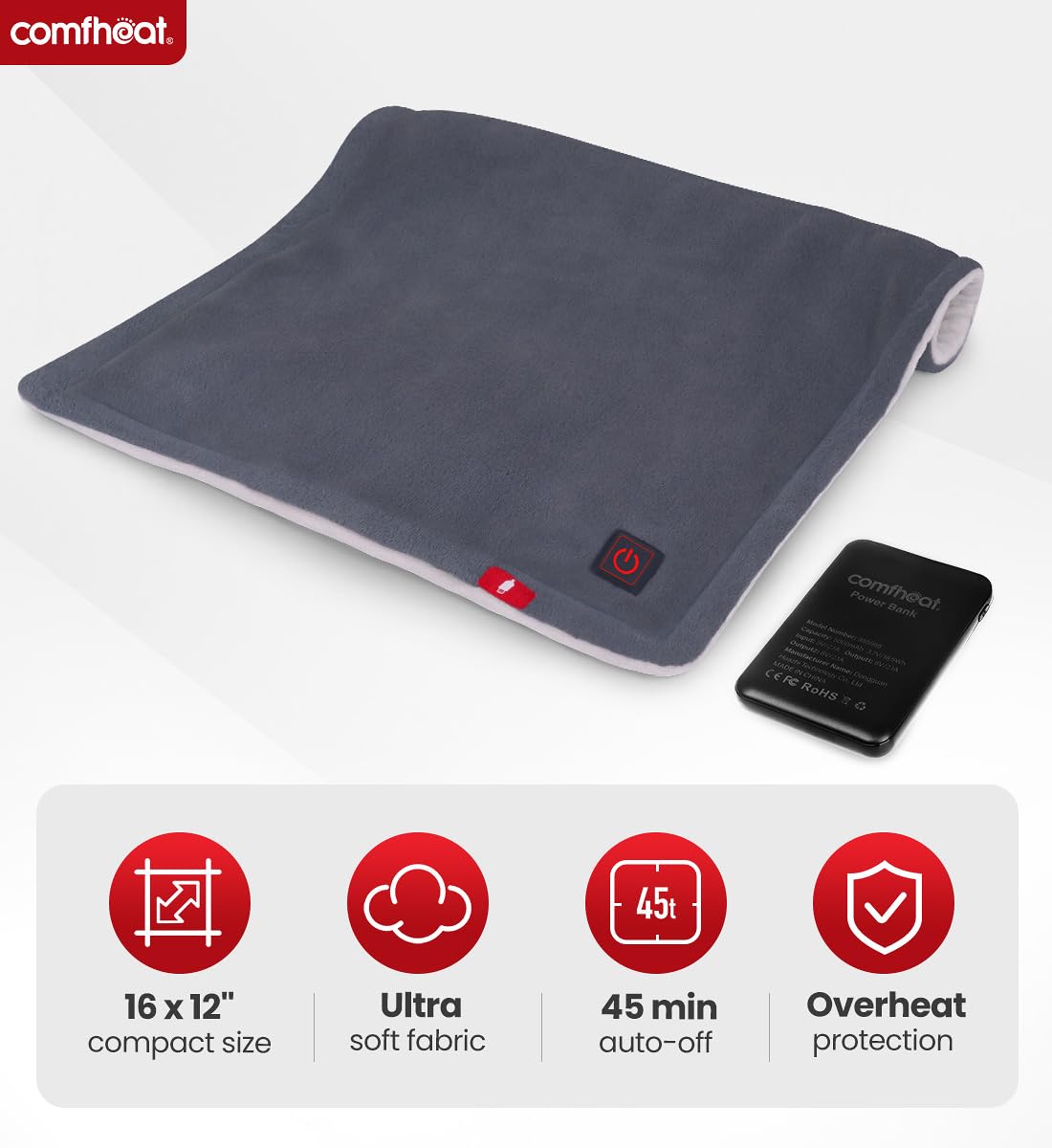 Comfheat almohadilla calor gris para uso en casa y fuera.