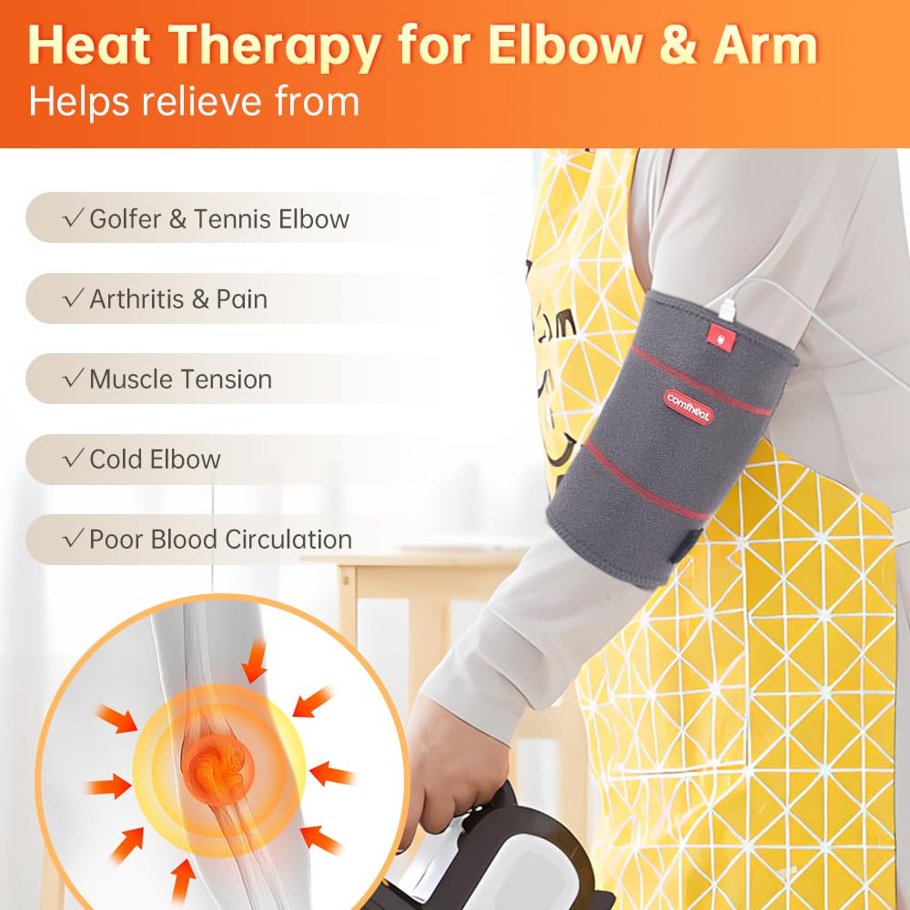 Codo con envoltorio de calor Comfheat, ajuste de correa para mayor estabilidad.