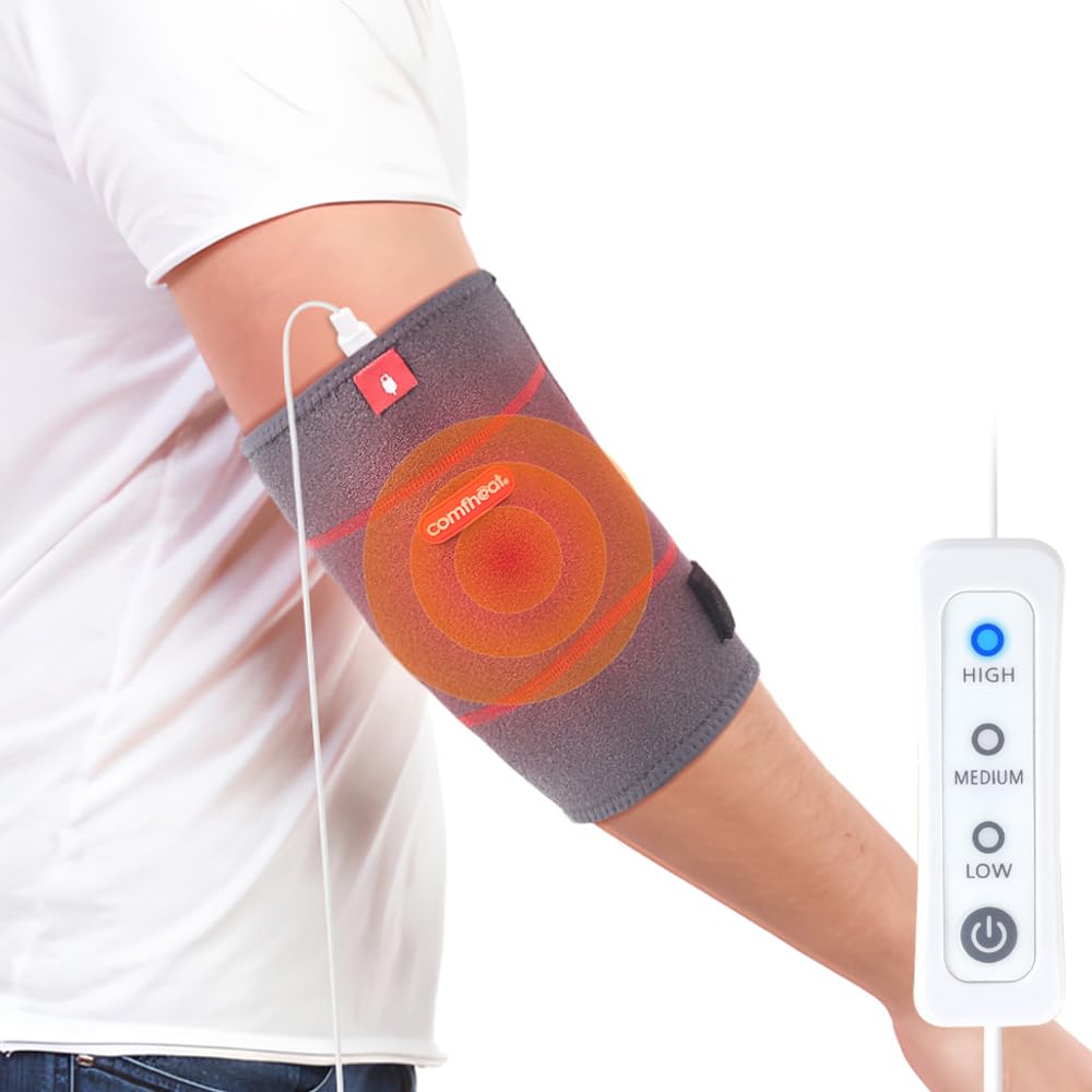 Almohadilla térmica Comfheat para codo, uso en casa para confort y calentamiento suave.