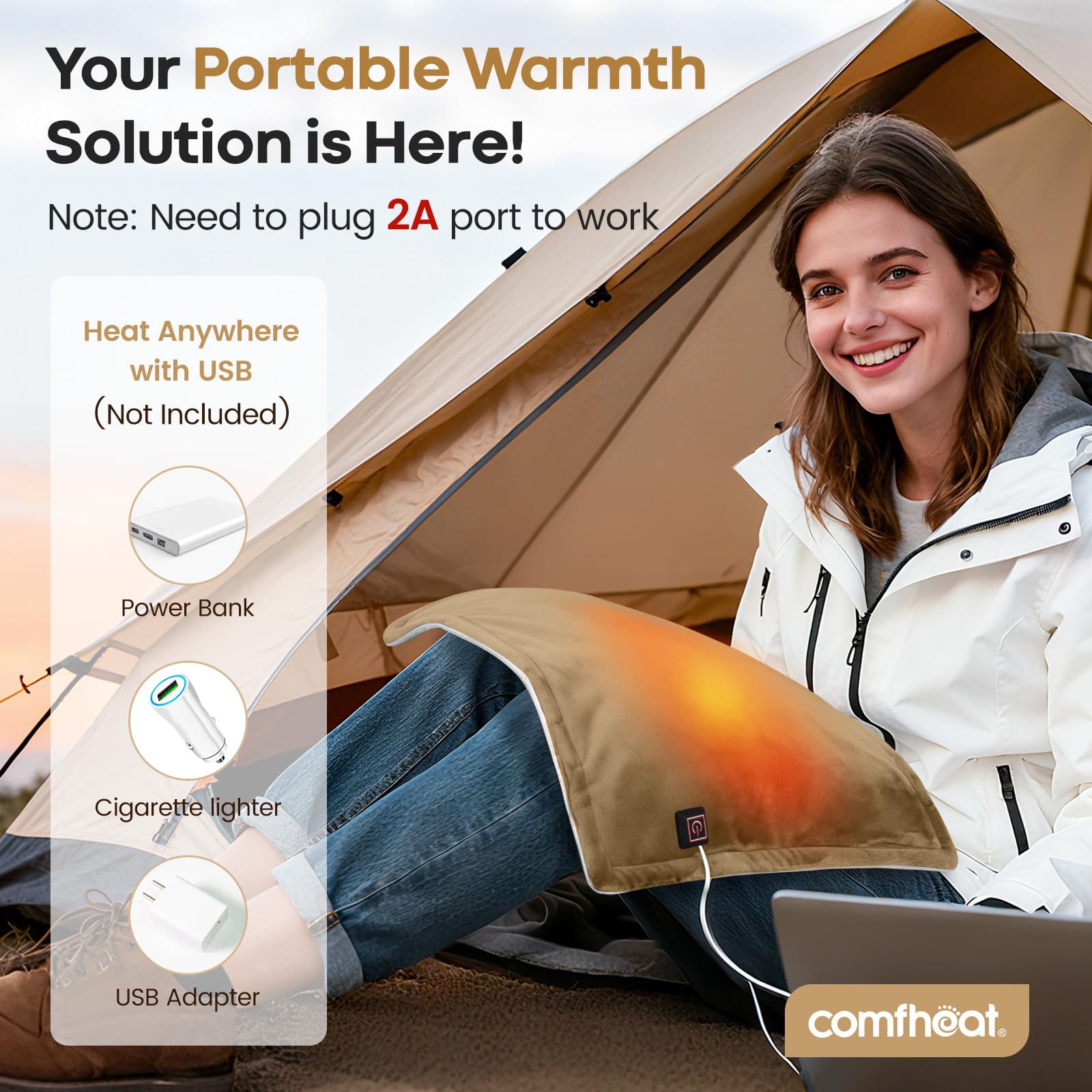 Conector USB 5V de Comfheat para alimentación estable durante viajes.