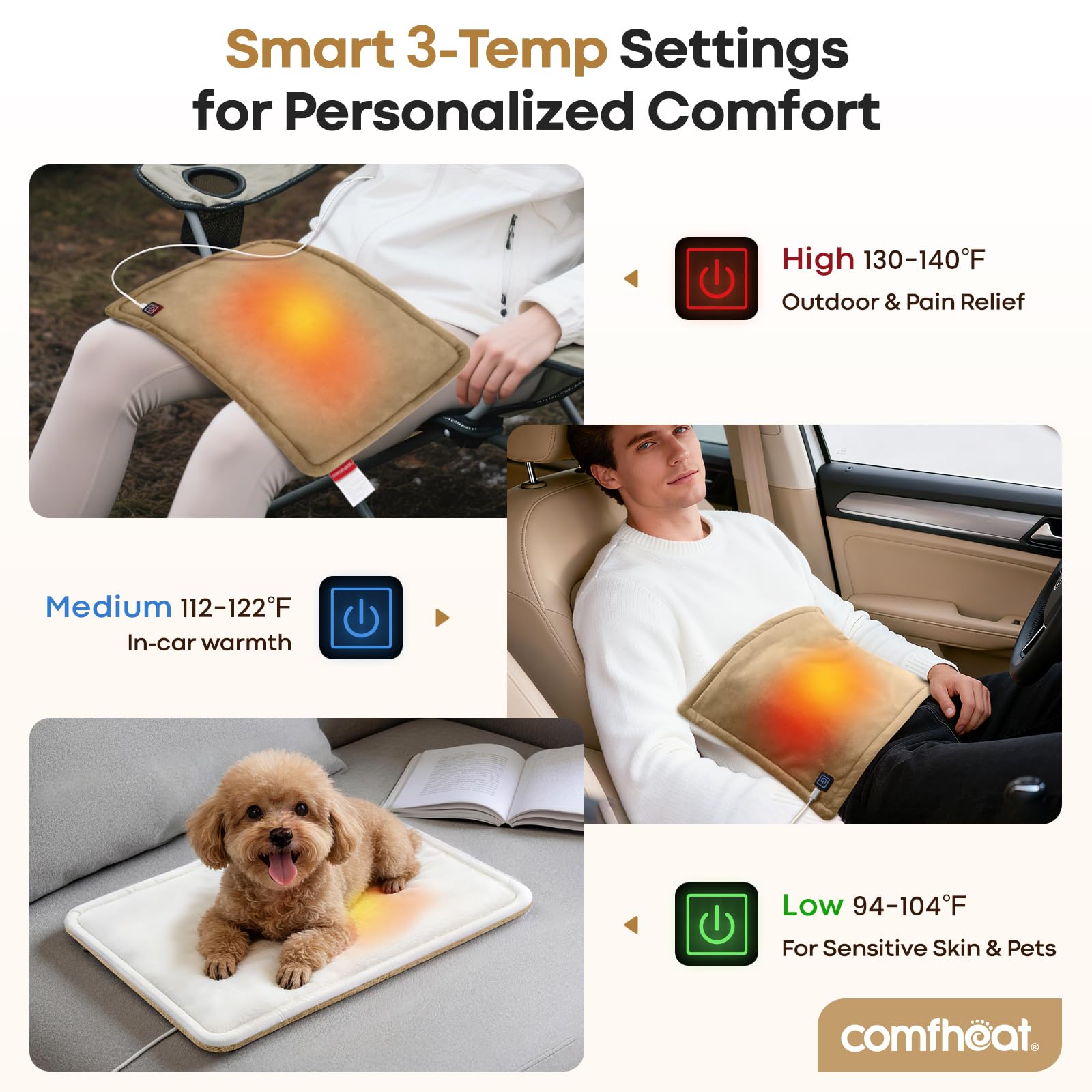 Interfaz de control de calor de Comfheat con 3 niveles ajustables.