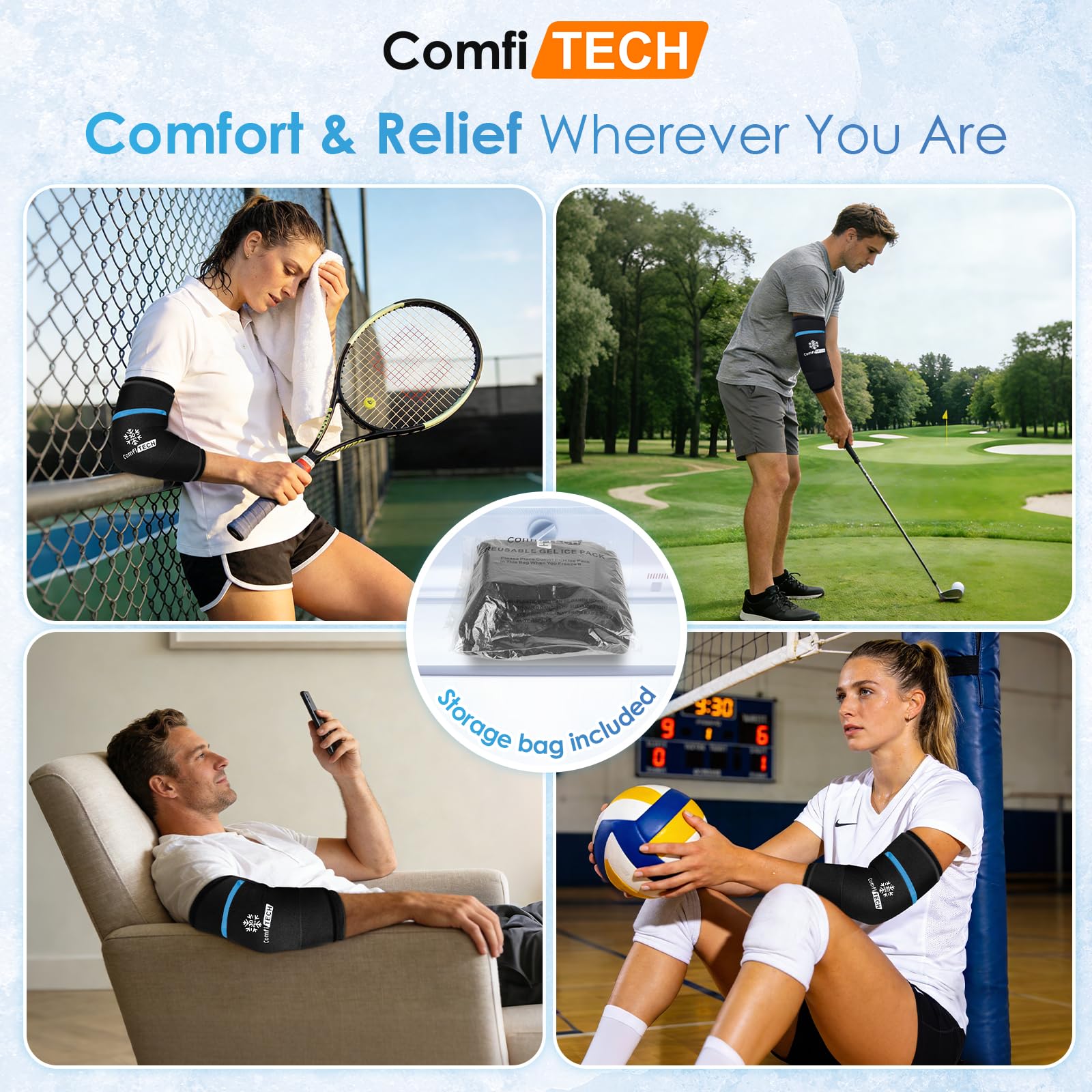 ComfiTECH uso-diario-codo, alivio suave tras entrenamientos y actividades diarias.