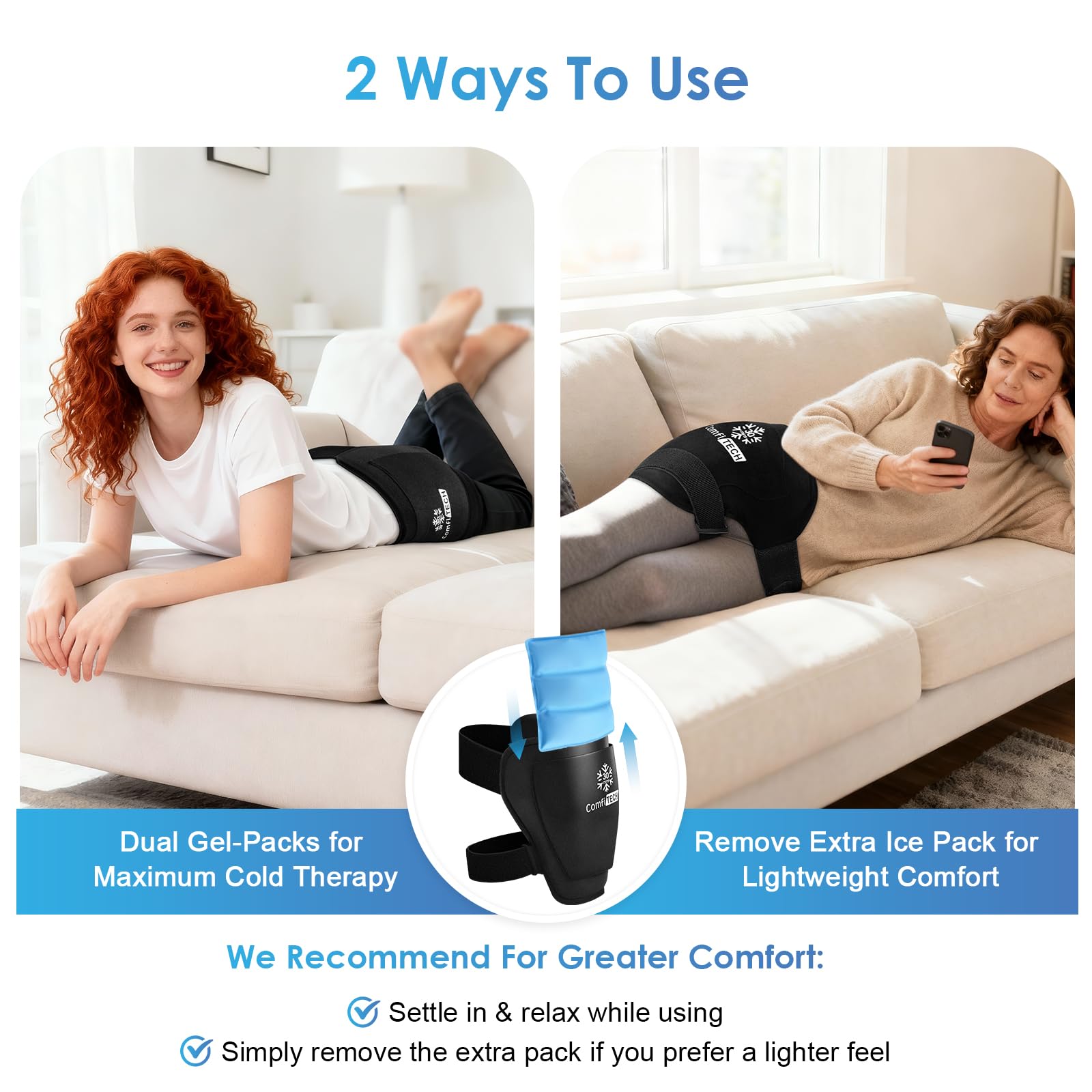ComfiTECH gel flexible se adapta a rodilla, espalda y cadera.
