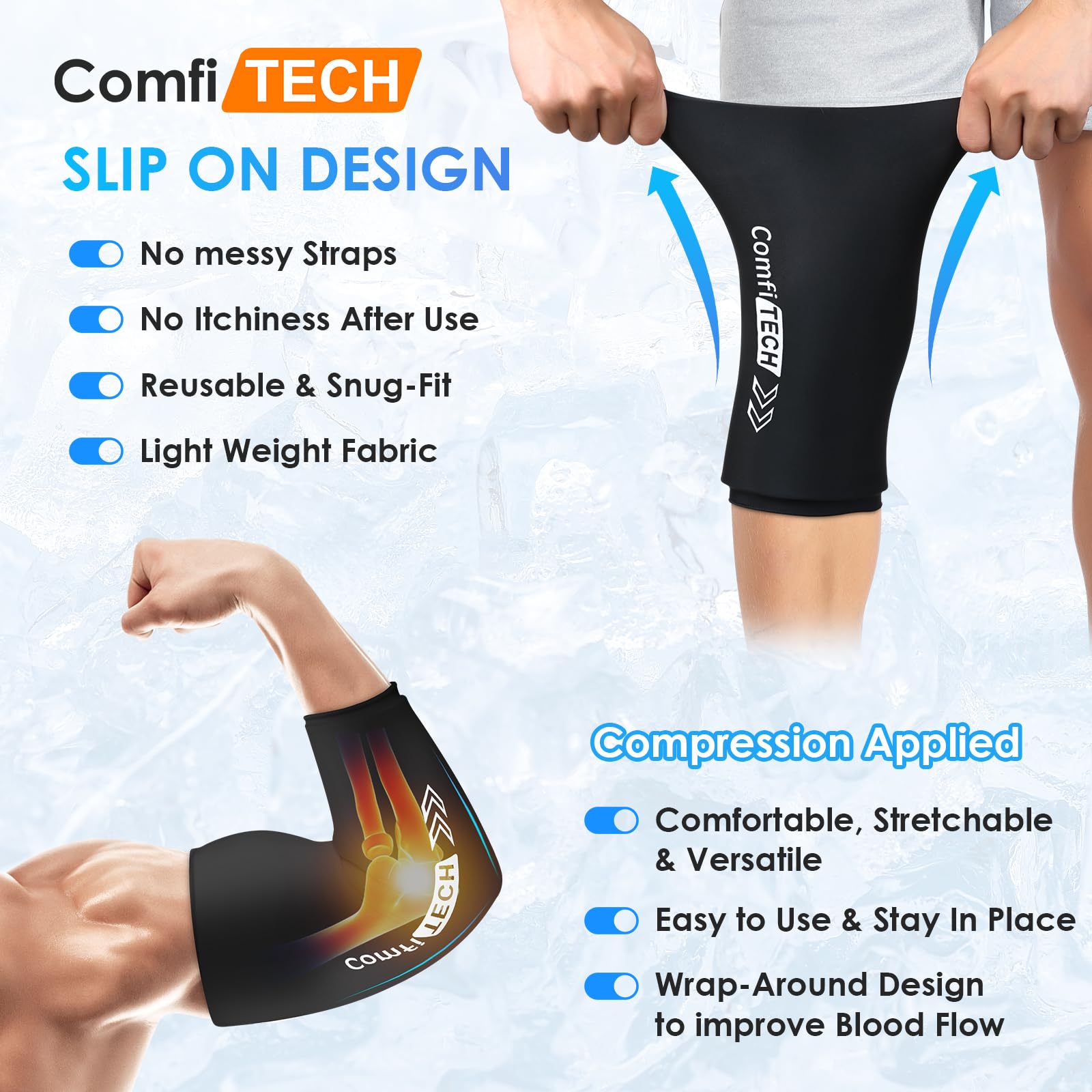 Gel frío suave de Comfitech se adapta a la rodilla.