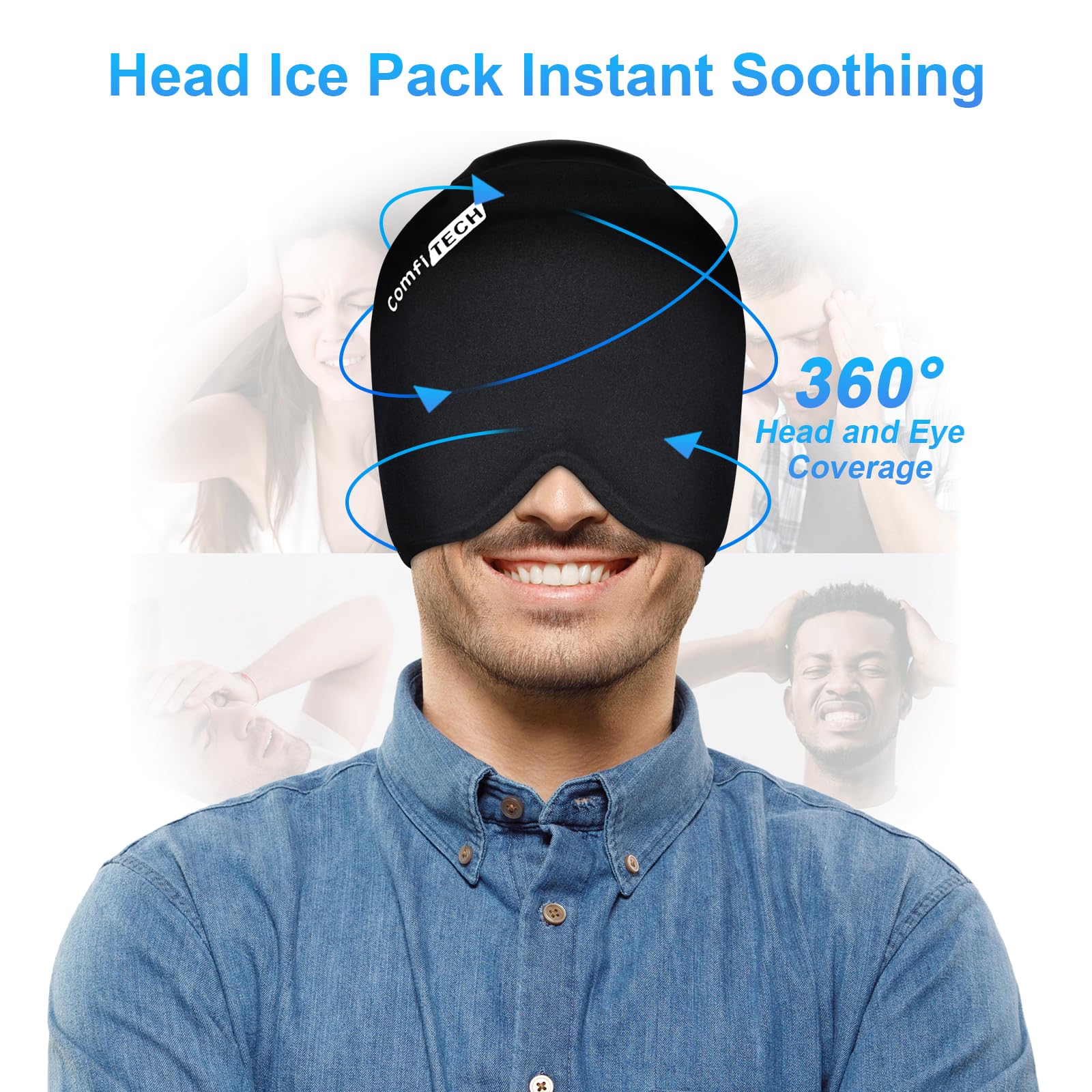 Orificio superior para cabello largo en el Gorro de hielo ComfiTECH para facilitar la aplicación