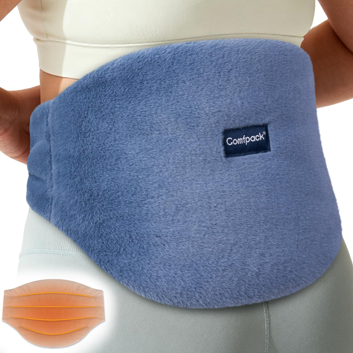 Almohadilla caliente Comfpack para espalda azul, calor suave y cómodo.