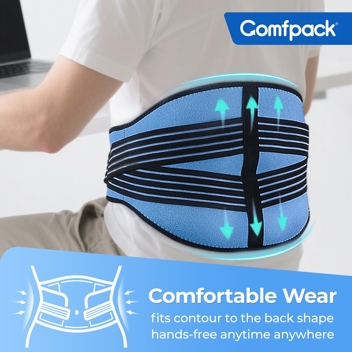 Comfpack diseño ergonómico para espalda, ajuste cómodo durante sesiones.