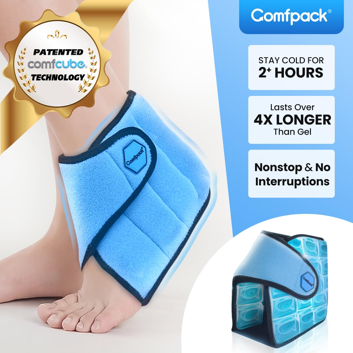Comfpack diseño patentado para tobillo facilita la aplicación rápida.