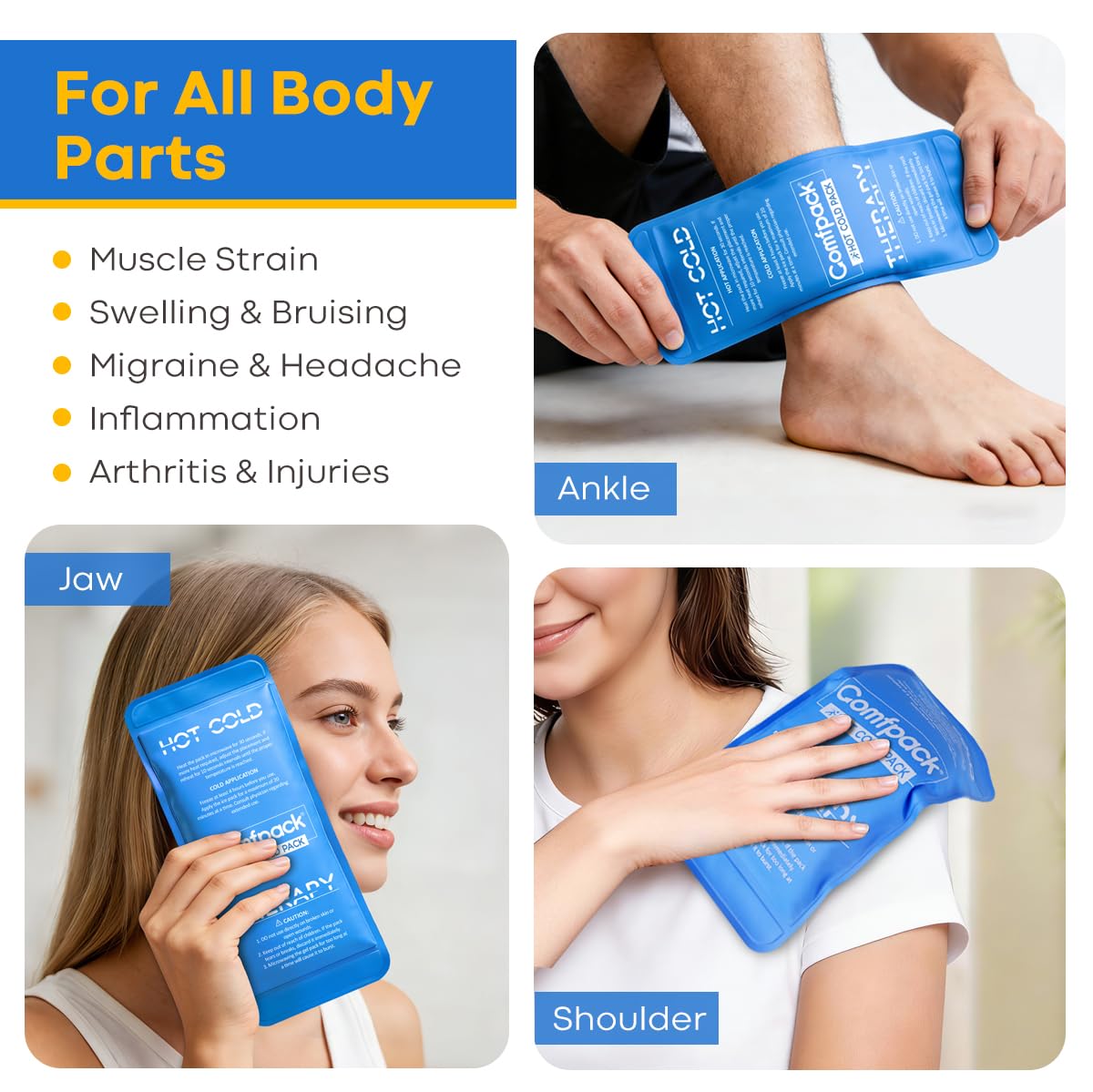 Comfpack gel flexible que se adapta al contorno y mantiene el frío.