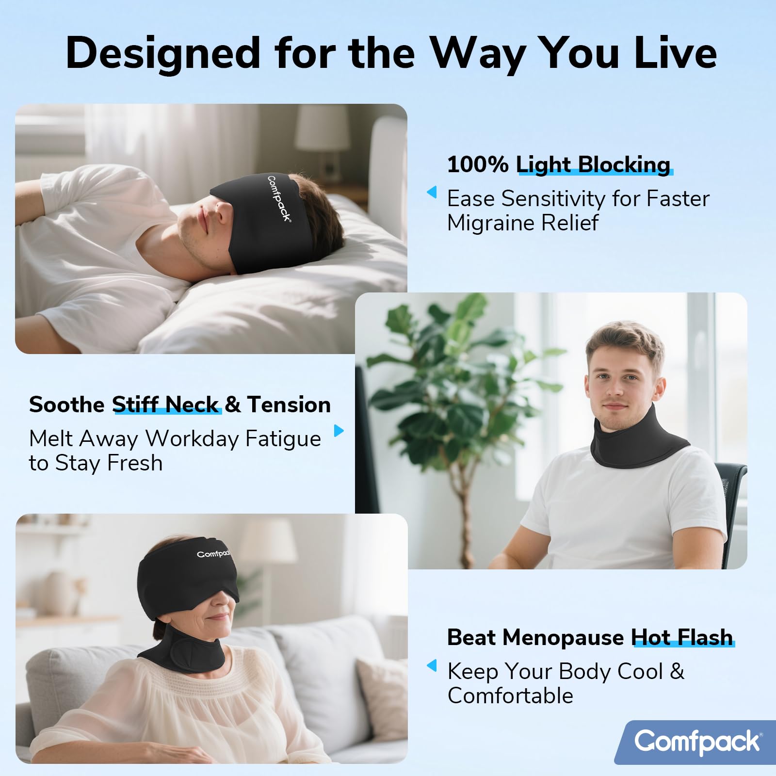 Comfpack neck-wrap soft fabric close-up highlighting gentle fit.