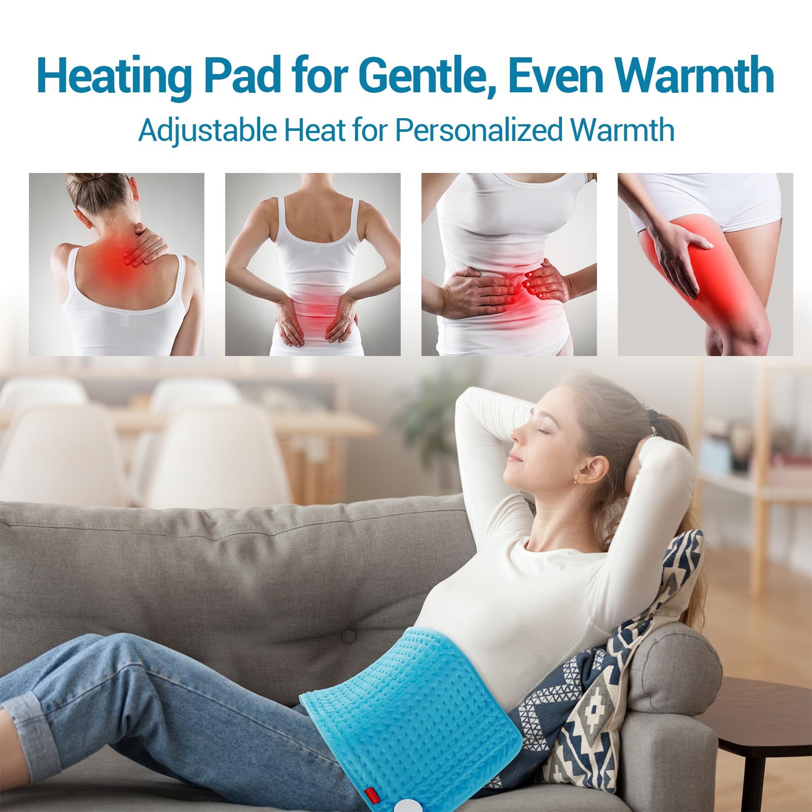 Almohadilla Comfytemp para espalda y relajación, calor suave para músculos cansados.